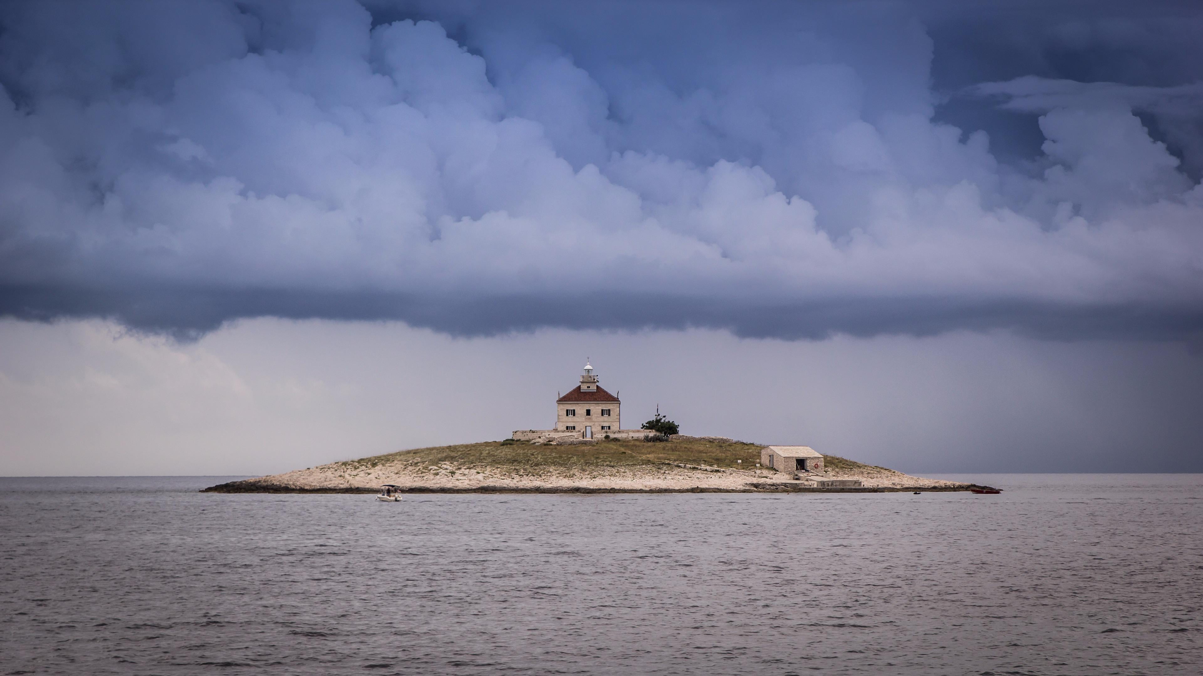 guidance, island, spirituality, ocean, travel, no people, tower, travel destinations, sky, building, islet, cloud, sea, horizon, waterfront, dome, 4K, HD Wallpaper