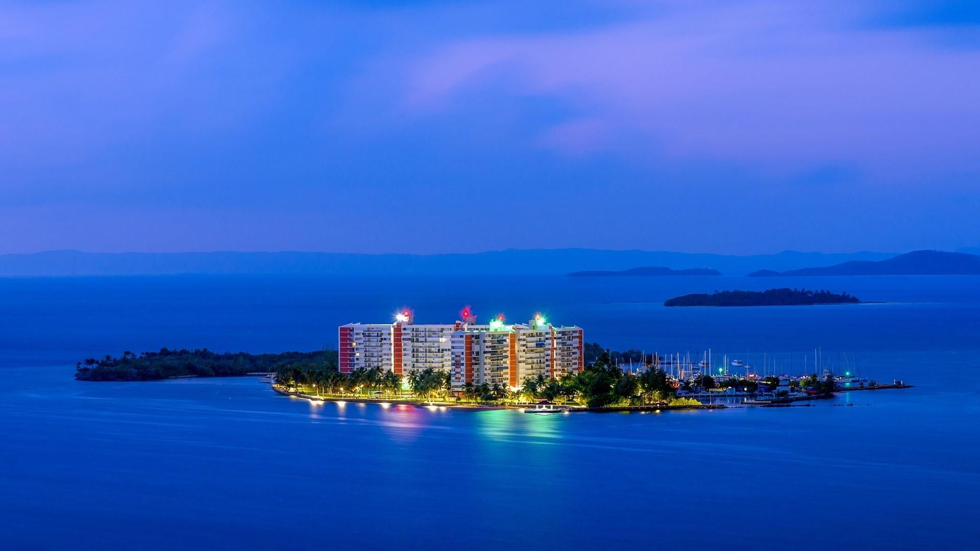 outdoors, bay, skyline, illuminated, fajardo, water, land, skyscraper, isleta marina, nature, architecture, puerto rico, 1080P, building exterior, horizon, HD Wallpaper