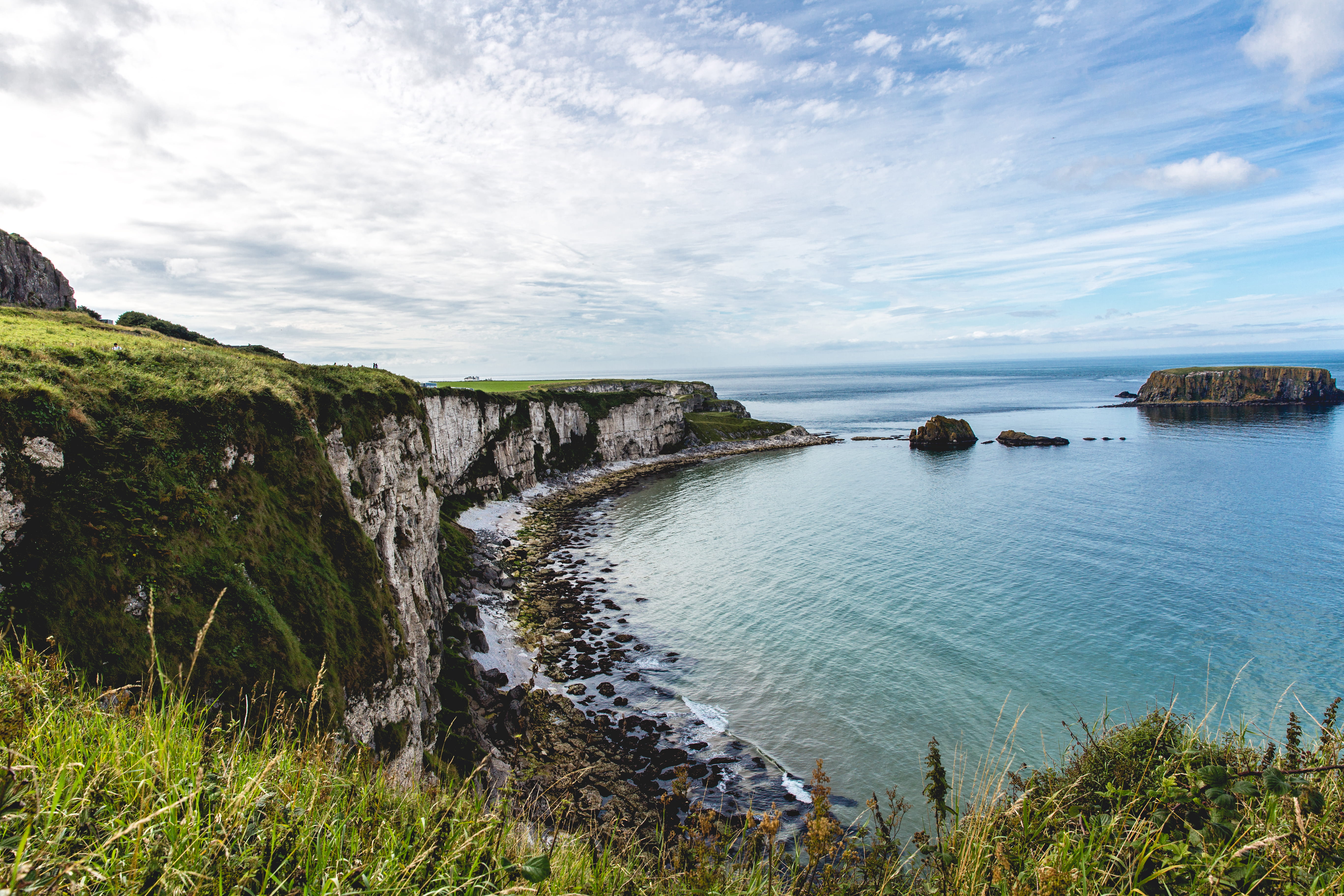 grass, daytime, shore, covered, rock - object, coastal, cliff, cloud - sky, blue, environment, seashore, 5K, edge, tranquil scene, water, sky, ocean, lagoon, HD Wallpaper