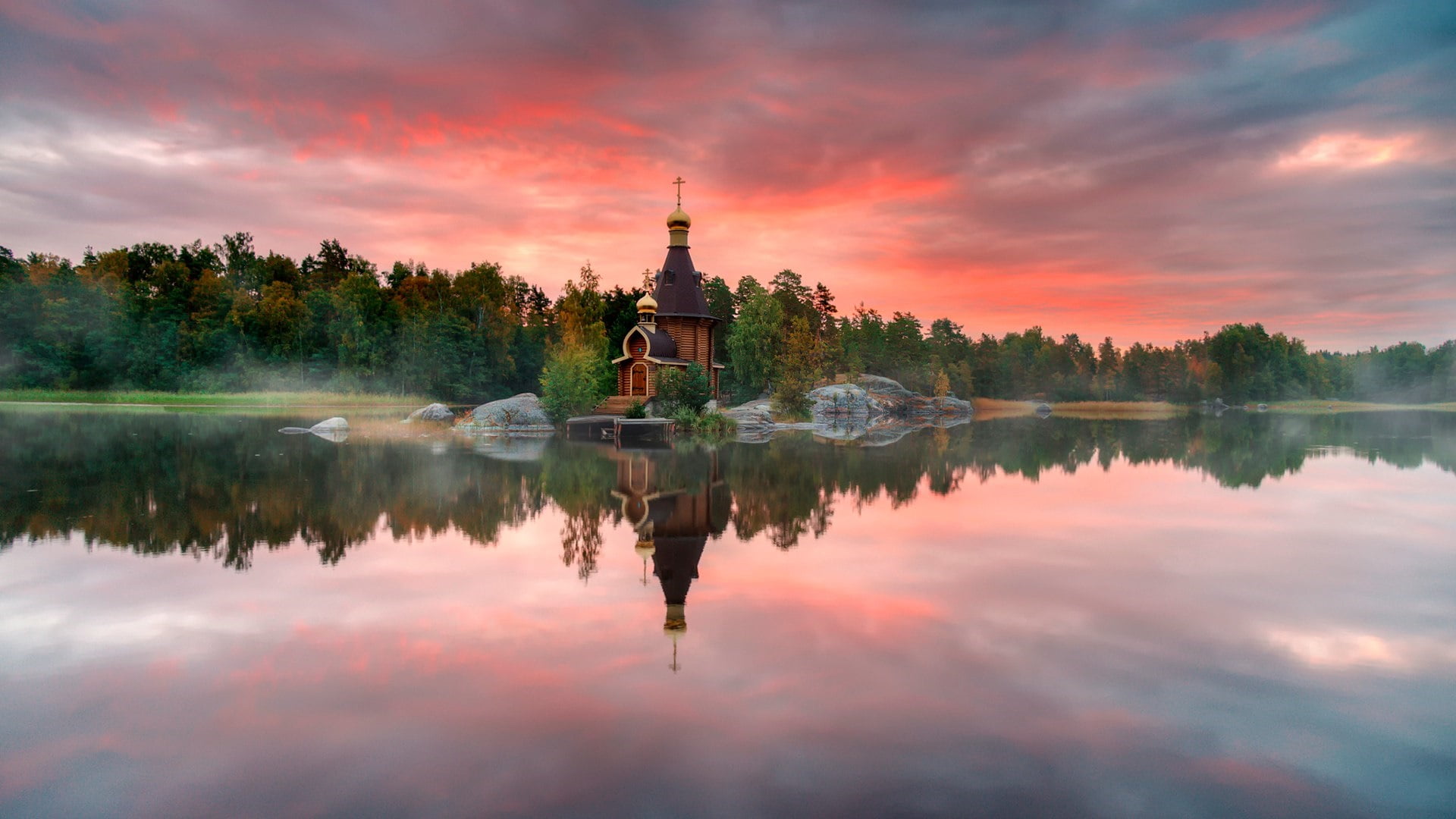 place of worship, beauty in nature, building exterior, built structure, no people, water, tranquility, vuoksa river, lake, islet, dawn, orthodox chapel, HD Wallpaper