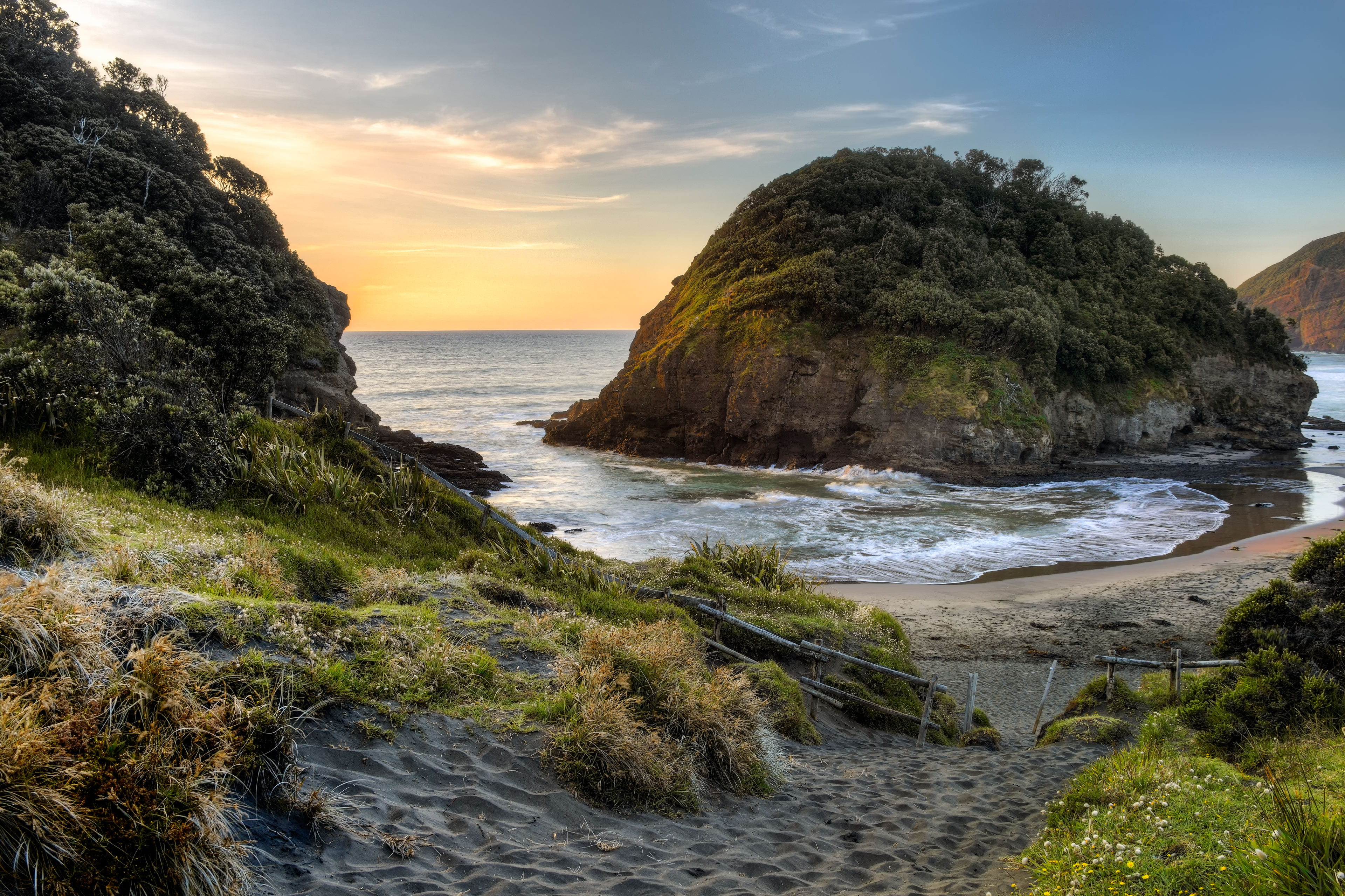 scenics - nature, rock, surrounded, nature, tranquil scene, sunset, sky, tranquility, beach, horizon, no people, middle, island, ocean, land, idyllic, trees, HD Wallpaper