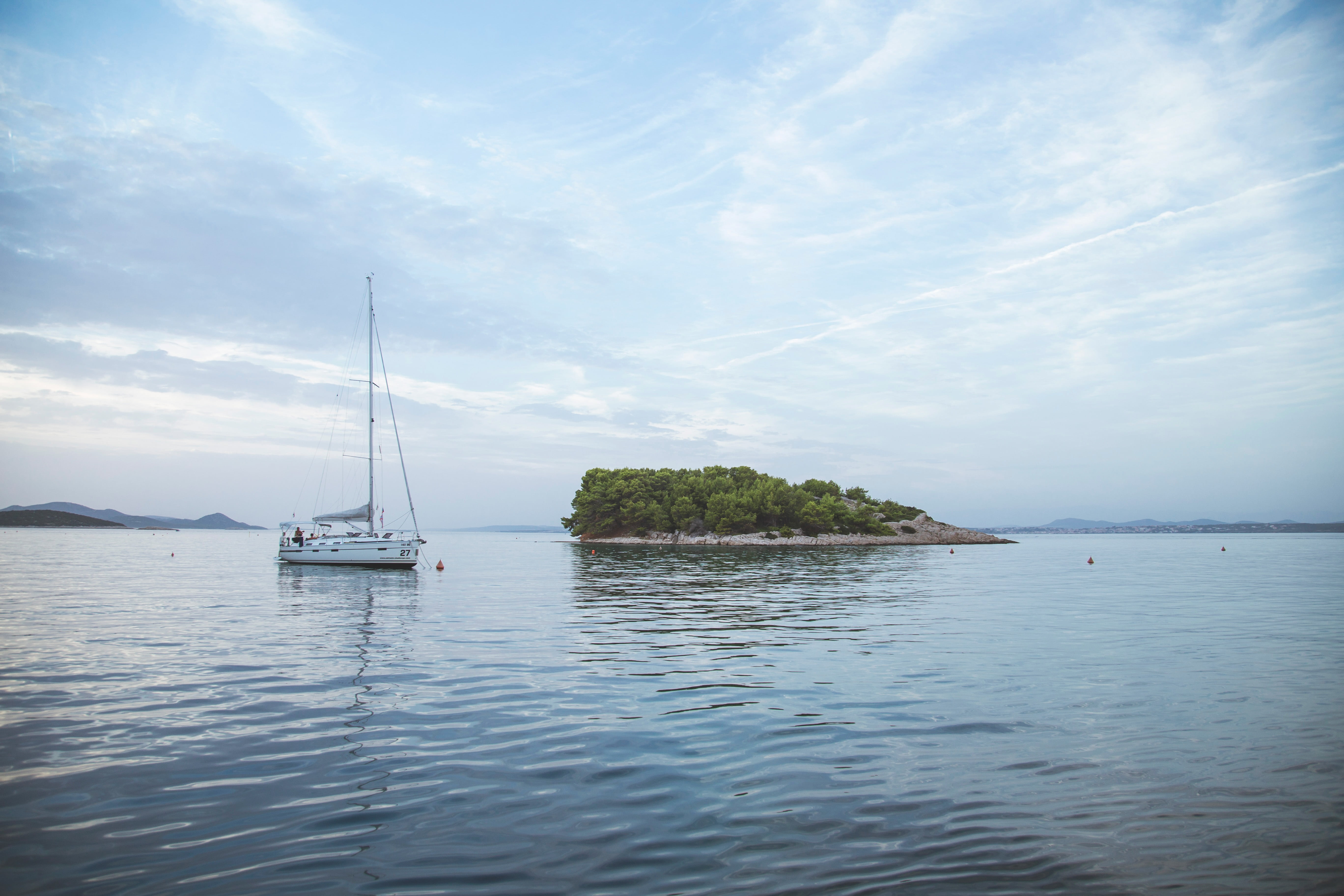 vessel, luxury, yacht, islet, sea, sailing ship, horizon, tranquility, ocean, outdoors, horizon over water, 5K, travel, scenics - nature, near, sail boat, HD Wallpaper