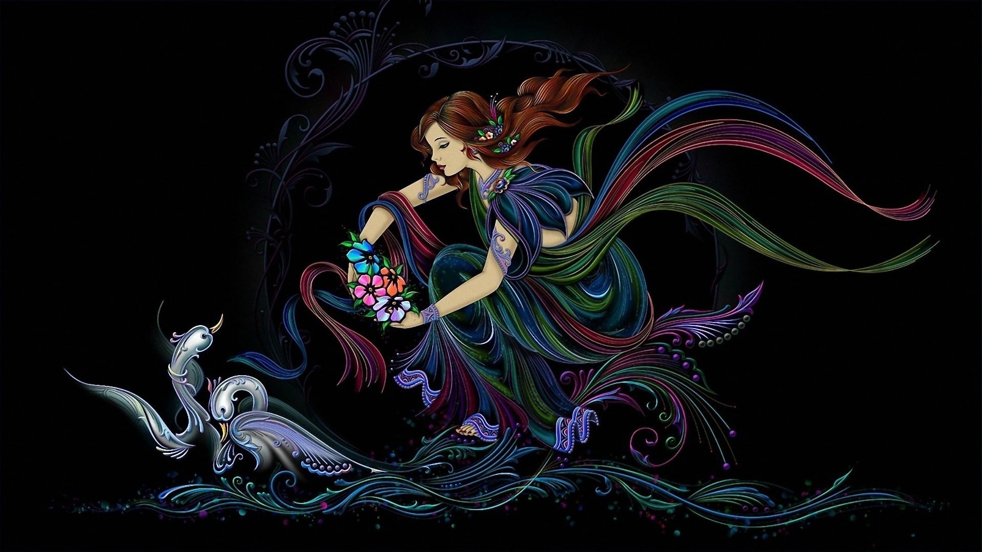 illuminated, craft, creativity, no people, abstract, art and craft, representation, flowing, paint, black background, 1080P, studio shot, flowers, wind, HD Wallpaper