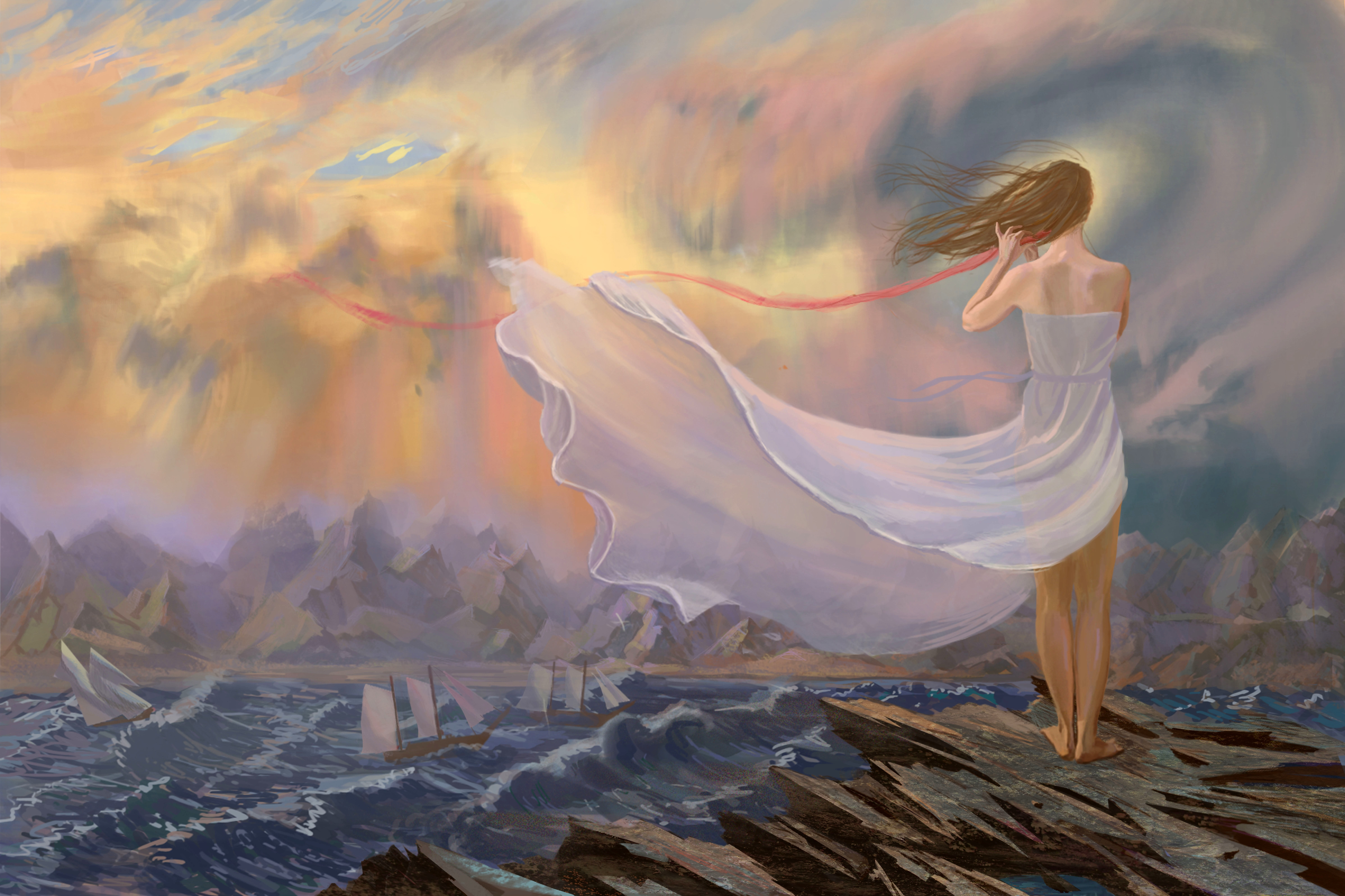 sailing ship, painting, women, waves, artwork, sea, wind, clouds, 8K, HD Wallpaper