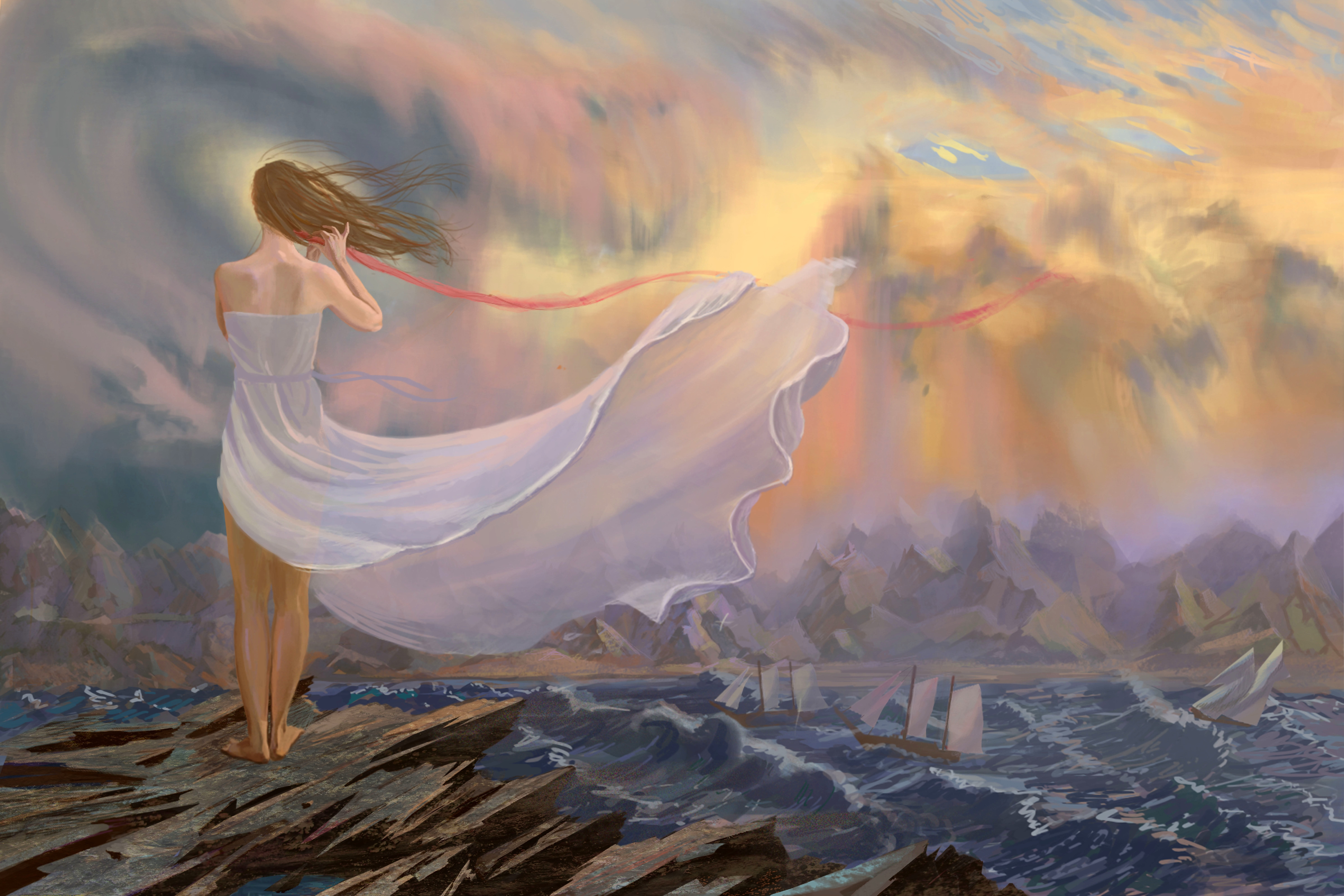 artwork, women, wind, waves, Sailing Ship, 8K, clouds, painting, sea, HD Wallpaper