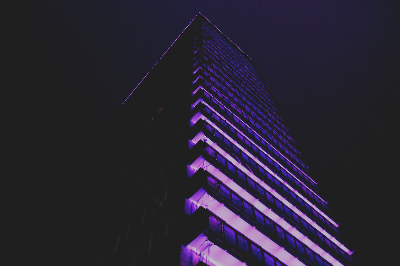 purple, night sky, Retro style, night, skyscraper, 720P, city, HD Wallpaper