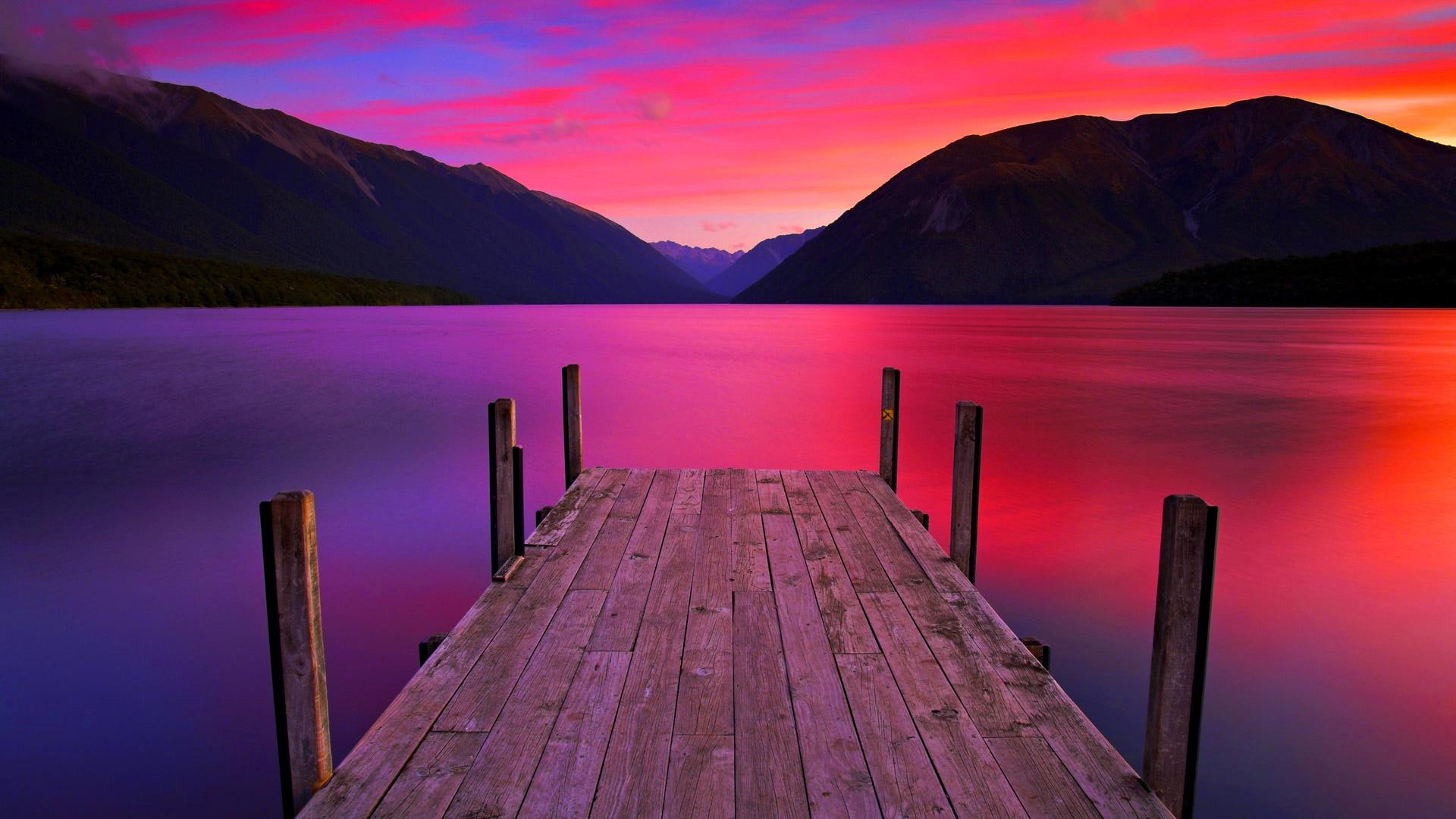 smooth, 1080P, lake, jetty, mountain, nature and landscapes, natural beauty, sunset, HD Wallpaper