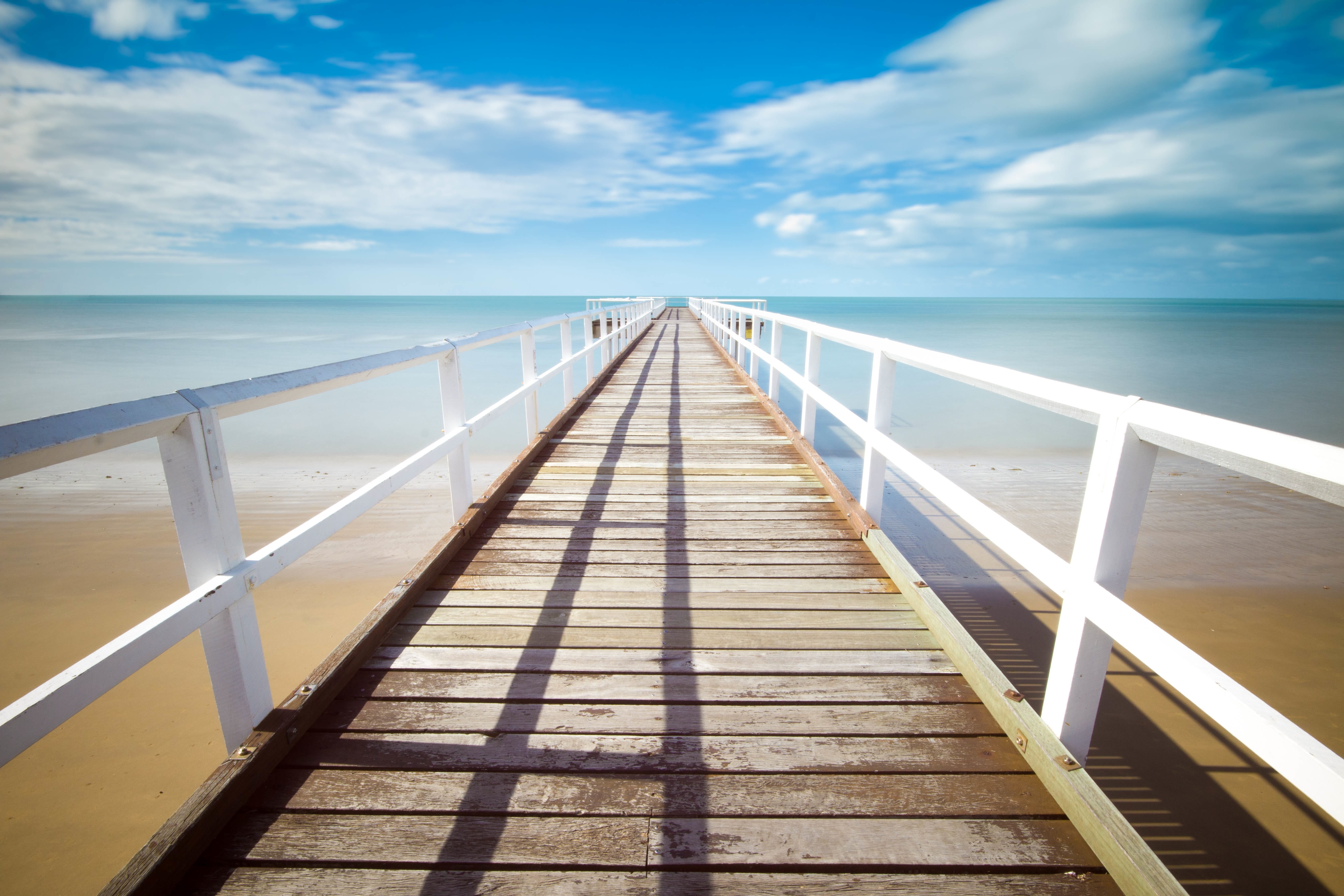wood - material, horizon over water, pier, water, brown, long, scenics - nature, wood, sky, sea, nature, tranquil scene, tropical, direction, wood paneling, HD Wallpaper