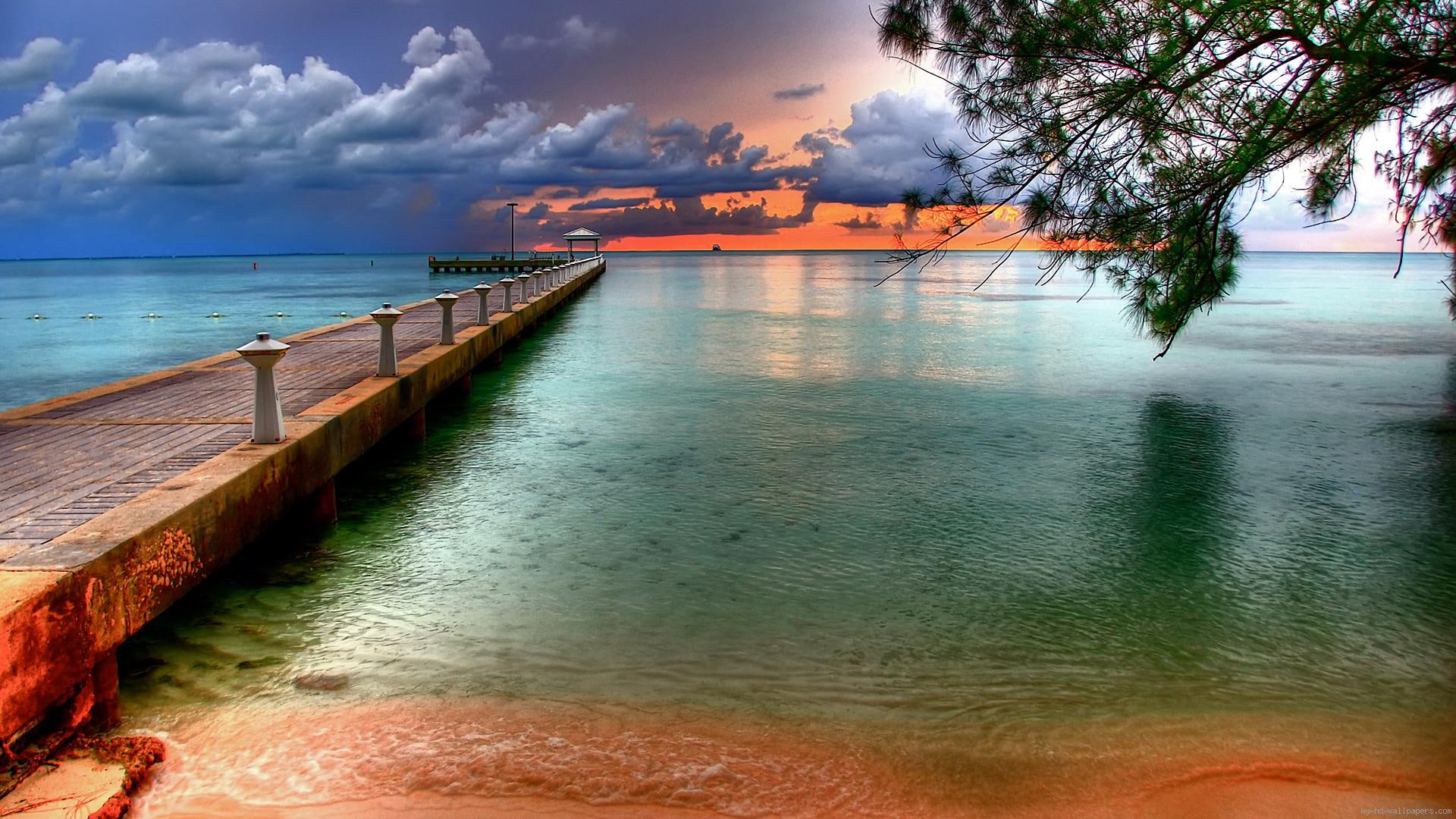 beach, 1080P, deck, wooden, sunset, sea, brown, jetty, HD Wallpaper