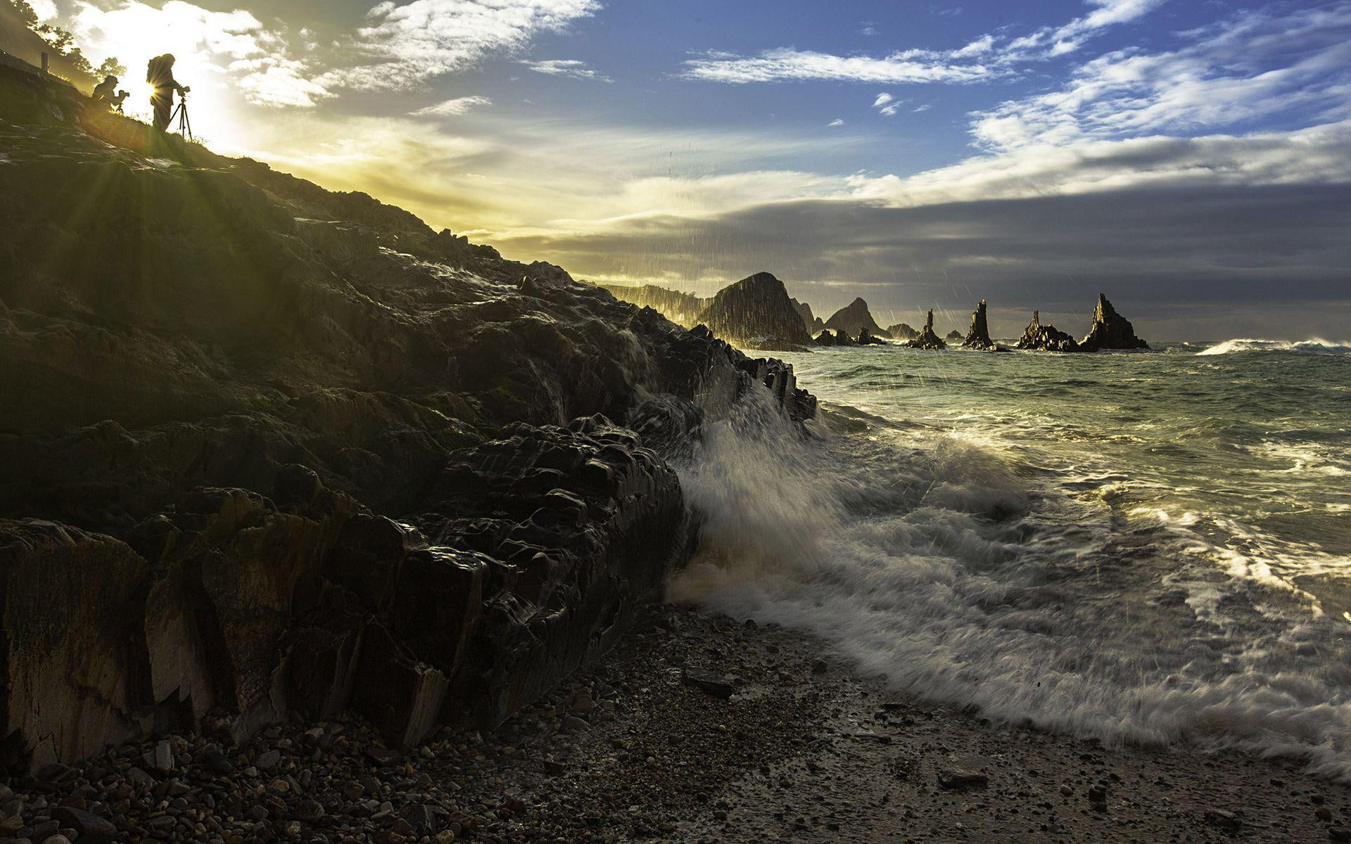 splashing, water, rocks, jetty, ocean, 1920x1200, 1080P, rock, beaches, wave, body, cloud, HD Wallpaper