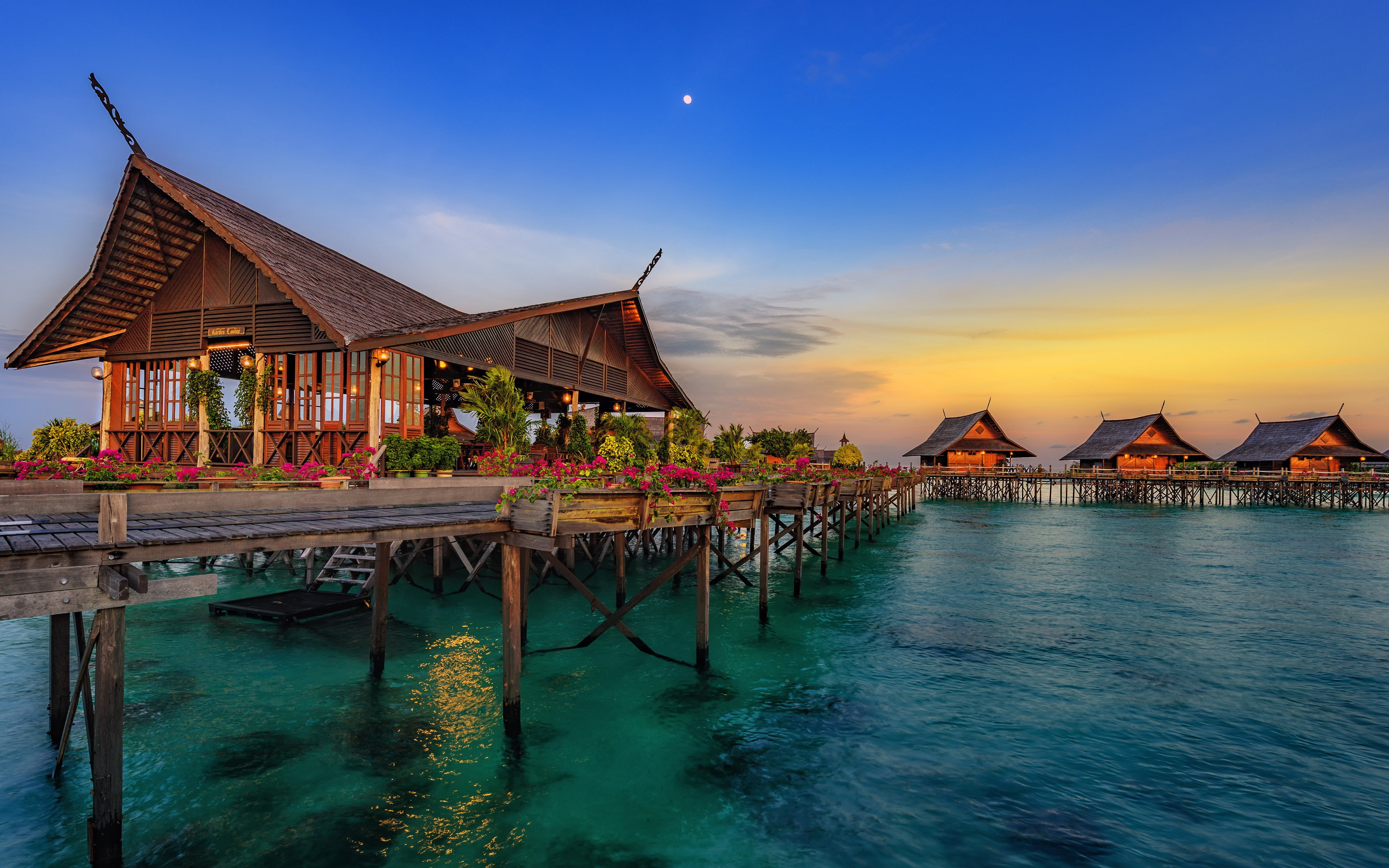 outdoors, blue, sunset, resort, reflection, beauty in nature, building, sky, architecture, built structure, hainan, stilt house, turquoise colored, house, HD Wallpaper