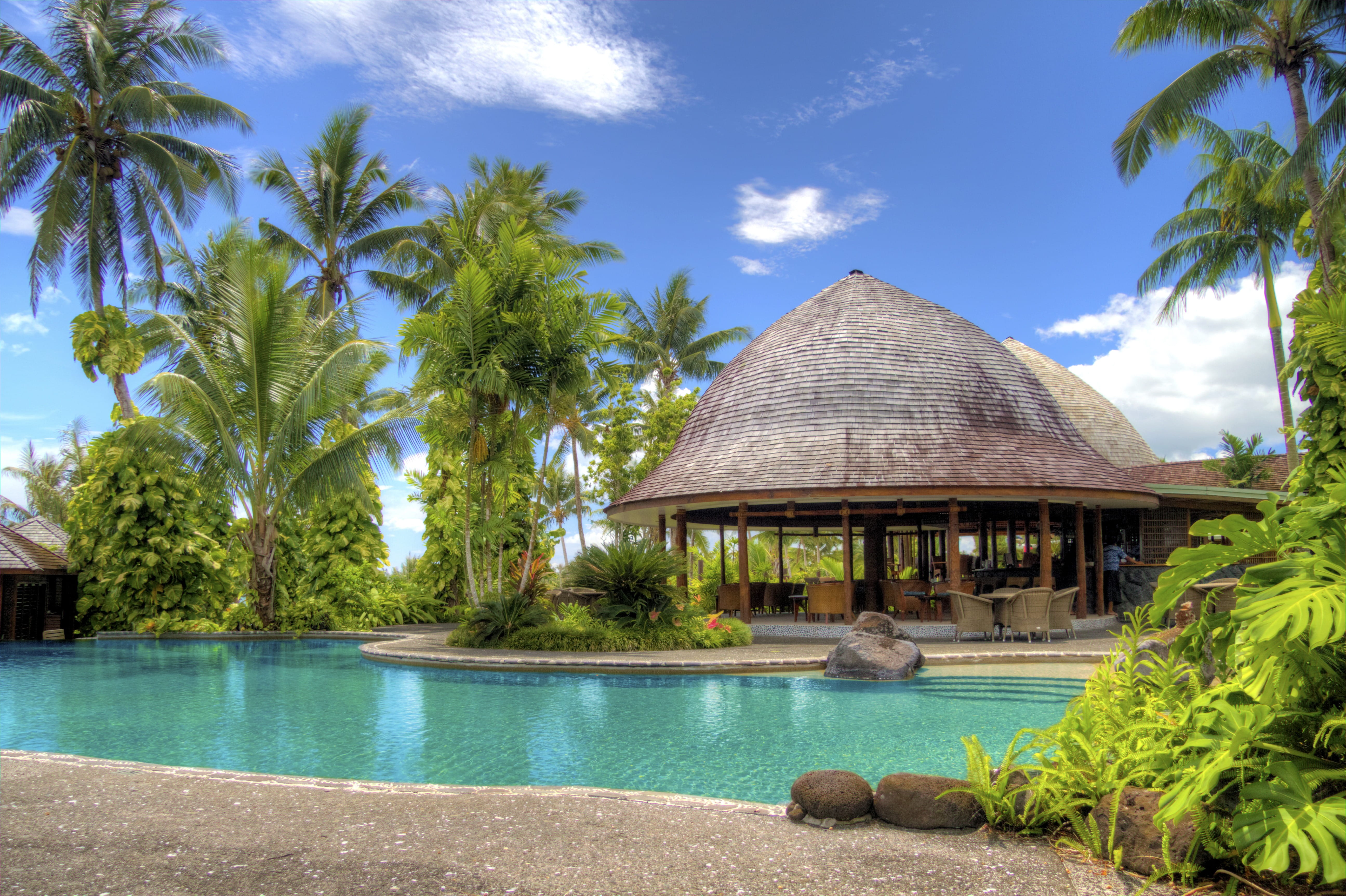 outdoor pool, water, tranquil scene, tropical, gray, tree, built structure, tropical climate, holiday, hut, palm, tourism, swimming pool, no people, resort, HD Wallpaper