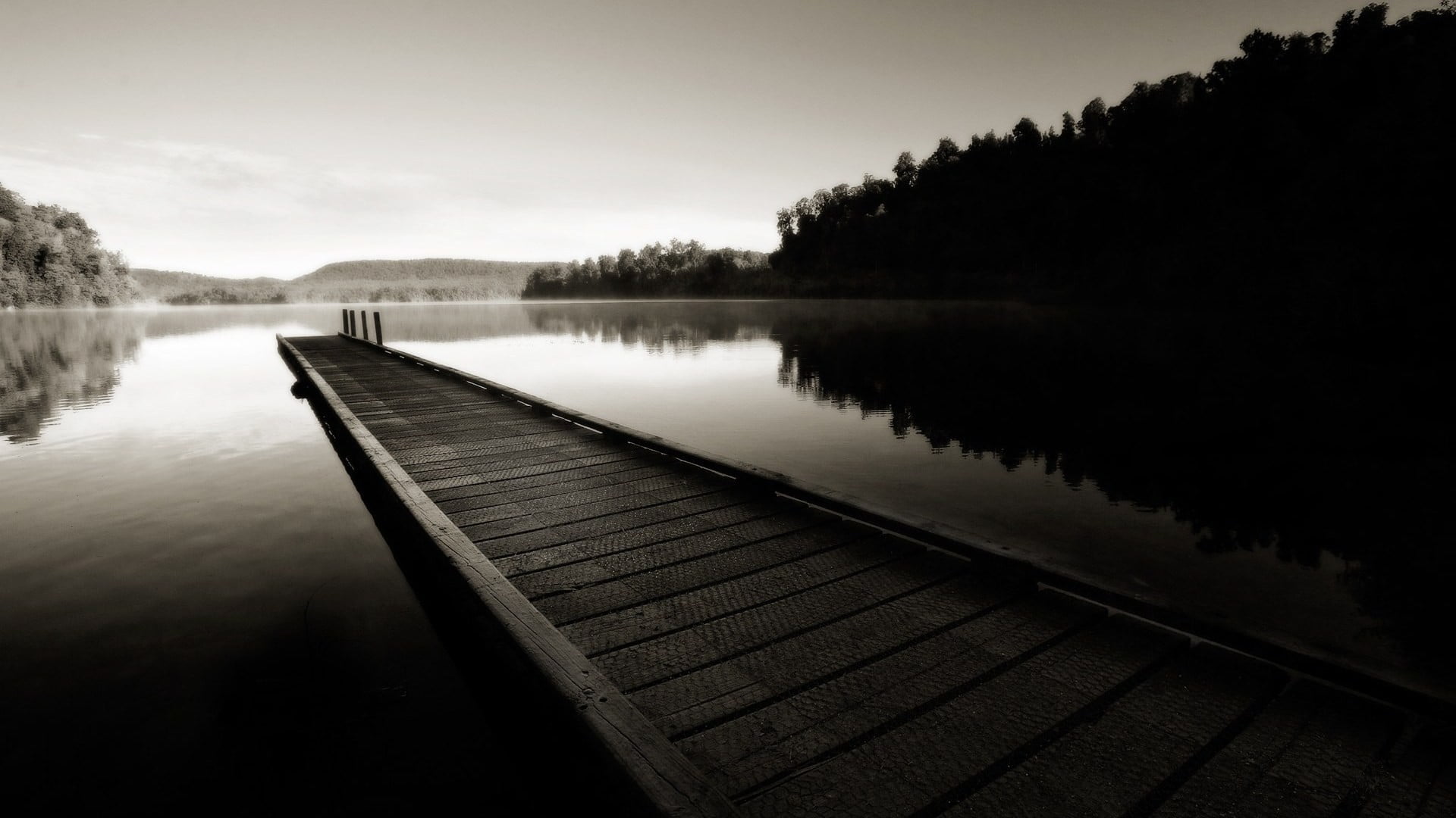 monochrome, tranquil scene, wood - material, outdoors, nature, tranquility, water, lake, direction, sky, landscape, non-urban scene, sepia, beauty in nature, HD Wallpaper