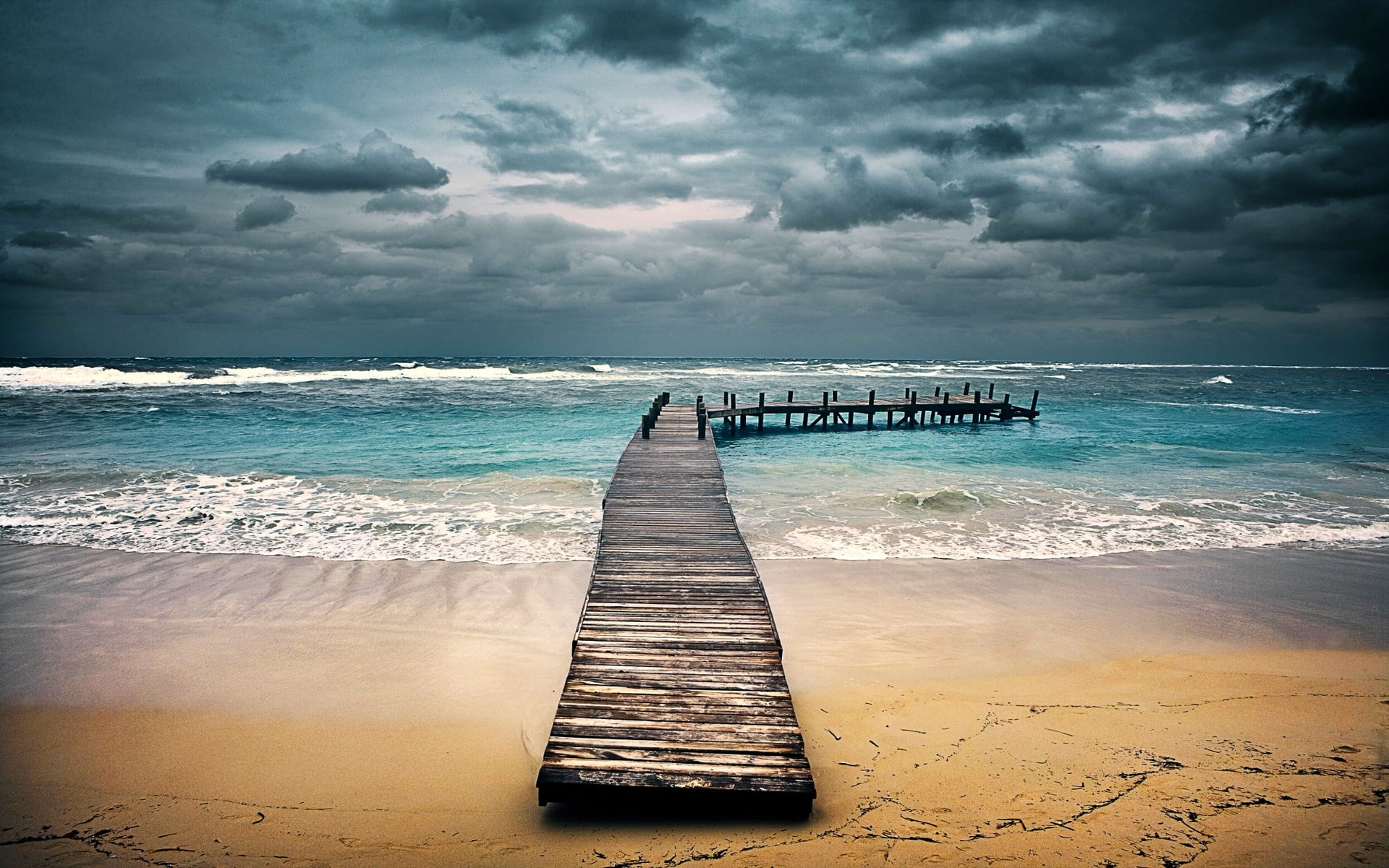 sea, tropical, waves, nature, Honduras, landscape, 1080P, beach, sky, clouds, dock, pier, sand, HD Wallpaper