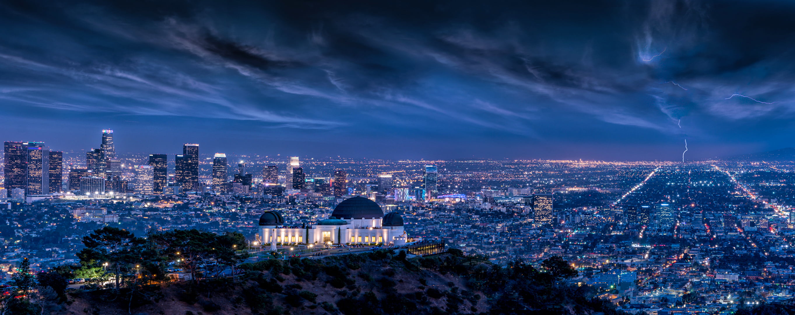 2K, no people, Night, travel destinations, built structure, high angle view, outdoors, illuminated, landscape, office building exterior, Long, Griffith Observatory, HD Wallpaper