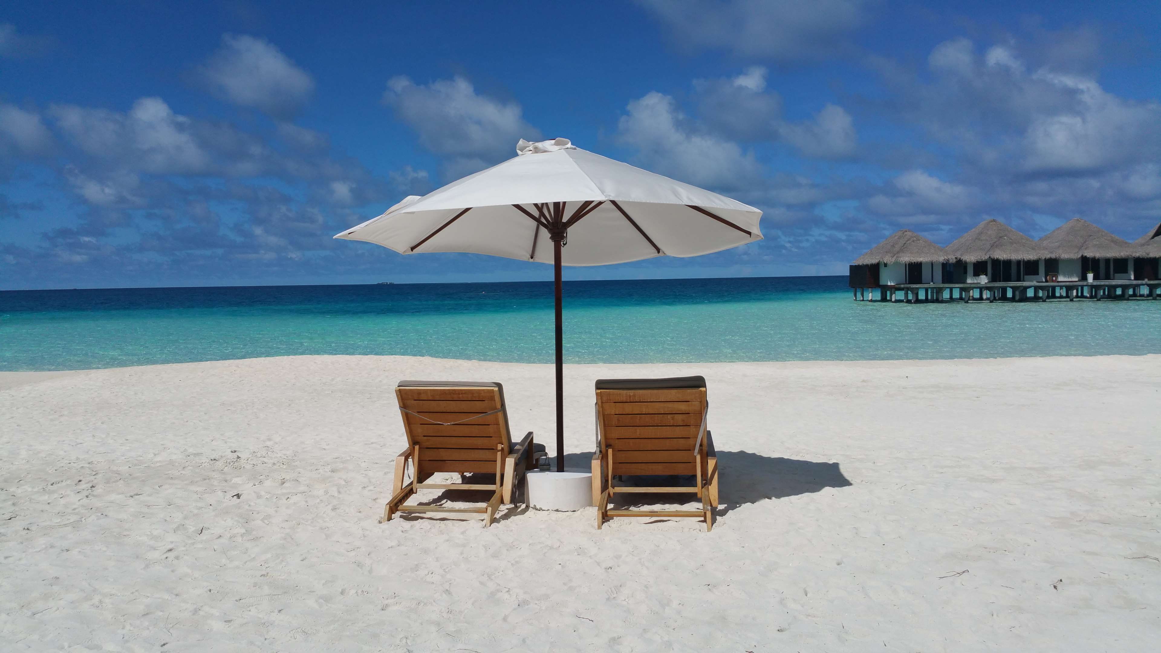 relaxation, tranquility, ocean, water, resort, sand, sea, two deck chairs, cabana, scenics - nature, relax, landscape, maldives, chair, trip, blue, vacation, HD Wallpaper