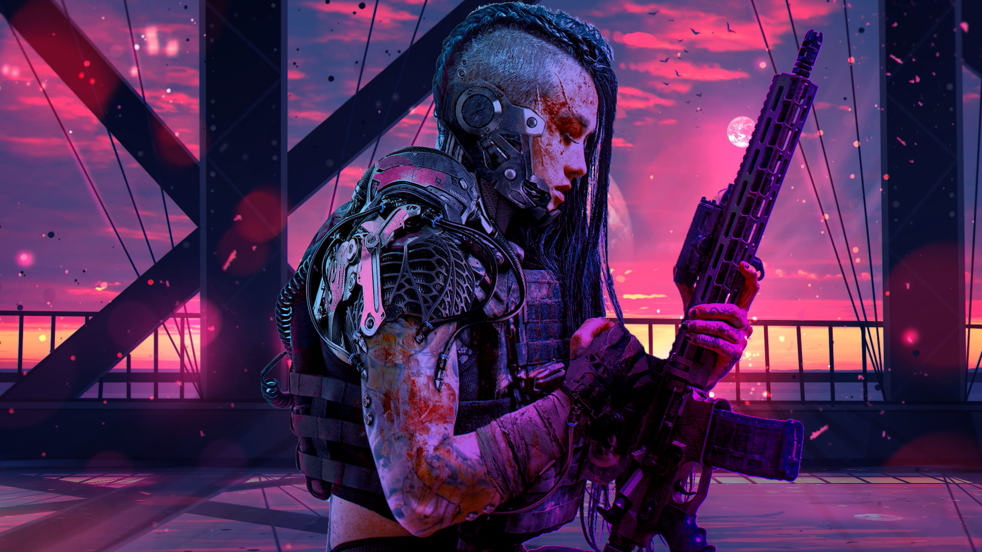 women, 1080P, synthwave, assault rifle, Clayton Haugen, retrowave, Abrar Khan, HD Wallpaper