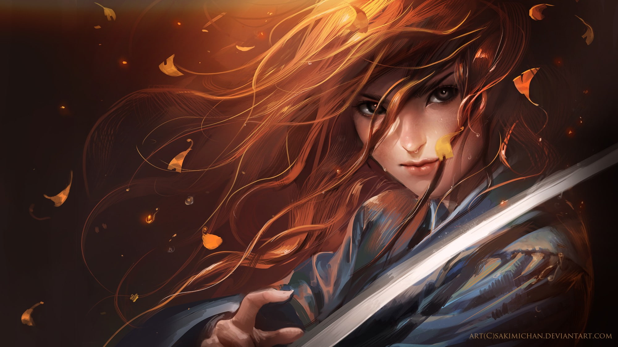 samurai, Sakimichan, sword, redhead, 1080P, HD Wallpaper