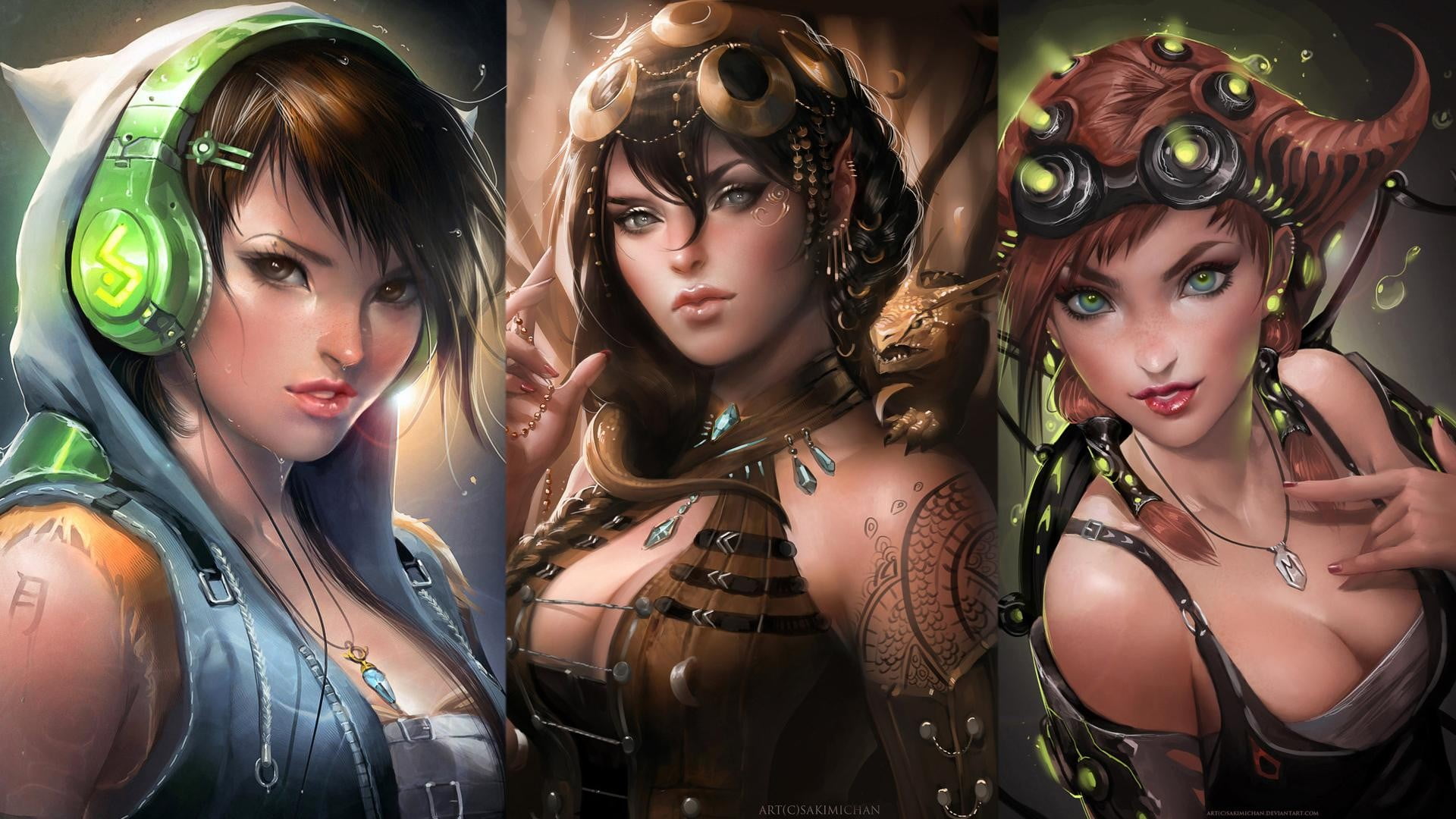 beauty, beautiful woman, 1080P, retail display, tattoo, three, leisure activity, cleavage, young adult, young women, long hair, female, fashion, anime, HD Wallpaper