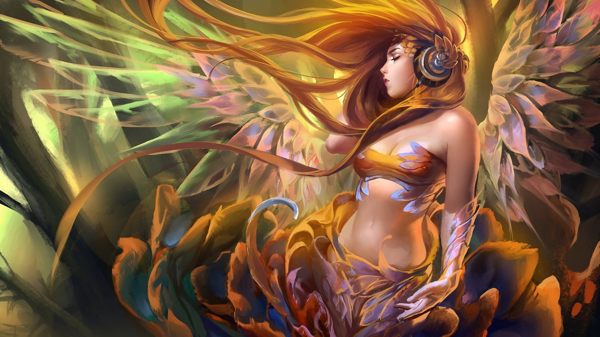 sakimichan, fantasy, headphones, 1080P, girl, HD Wallpaper