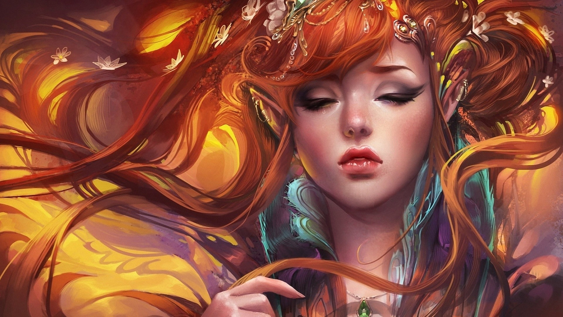 fantasy art, pointed ears, Sakimichan, 1080P, redhead, HD Wallpaper