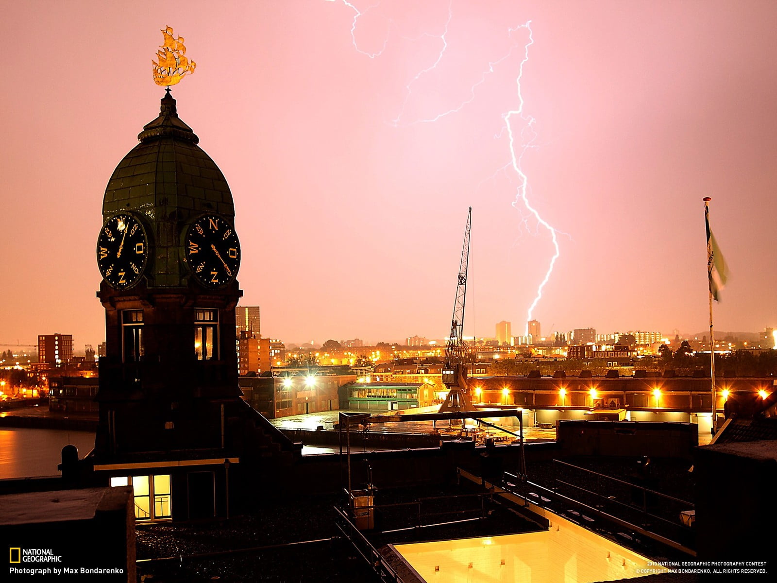 no people, travel destinations, lightning, city, illuminated, black, power in nature, night, transportation, building, built structure, lights, sky, red, HD Wallpaper