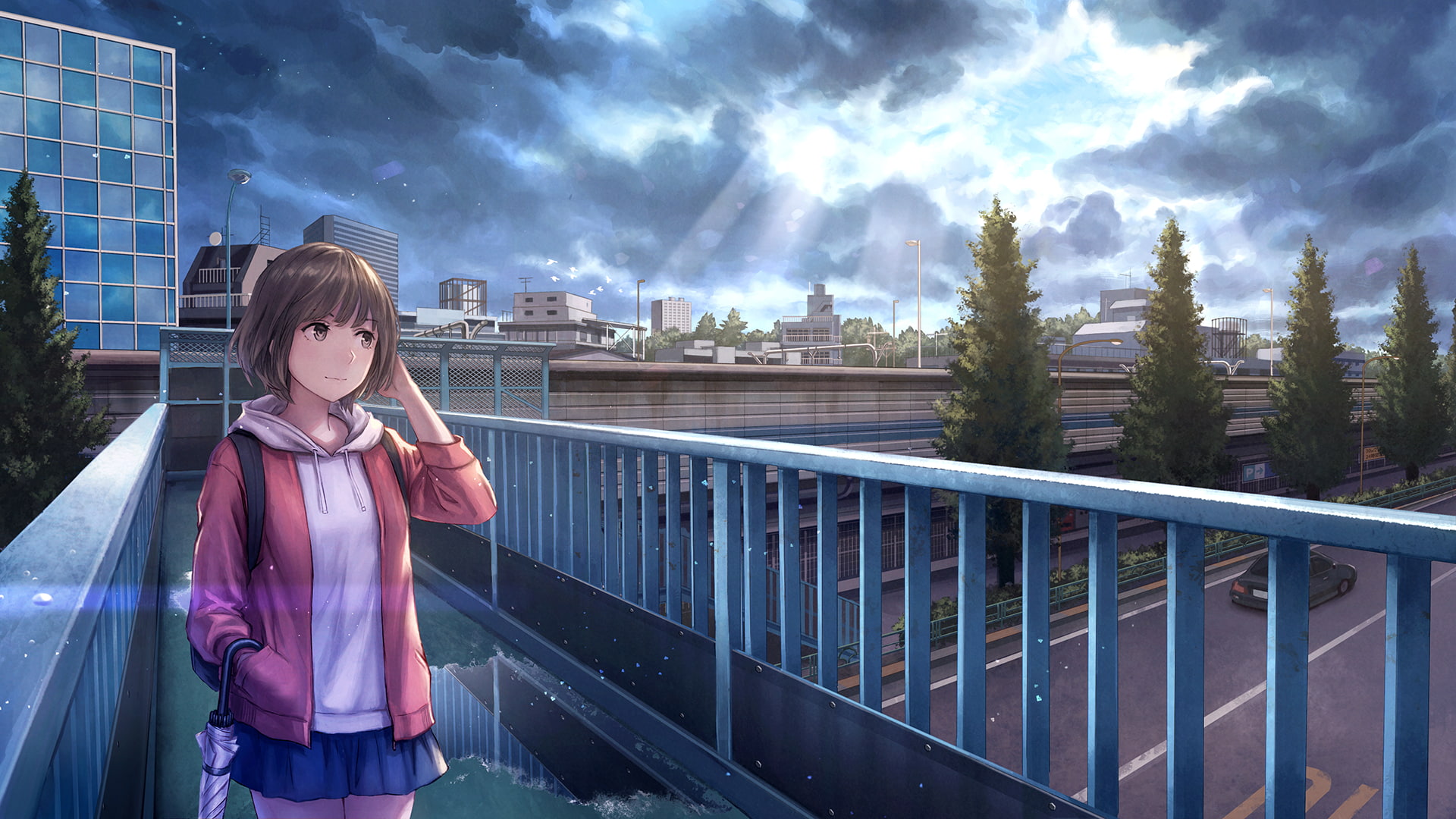 anime girls, umbrella, childhood, brunette, females, one person, tree, standing, anime, 1080P, three quarter length, technology, railing, sky, cloud - sky, HD Wallpaper