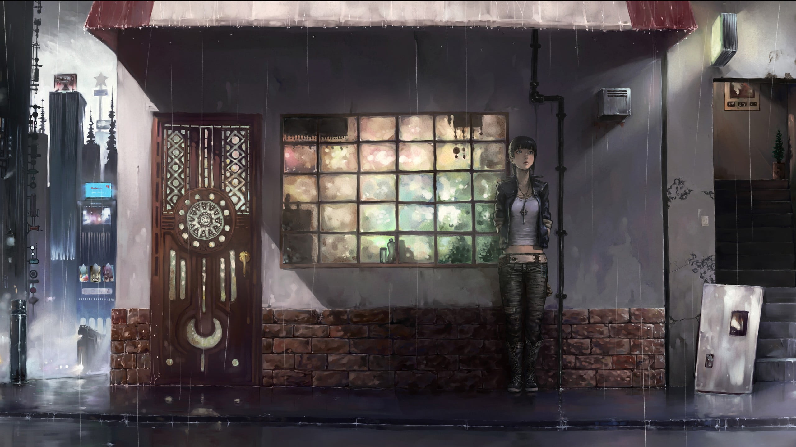 alone, large group of objects, glass, building, metal, domestic room, anime, lighting equipment, transparent, glass - material, door, rain, entrance, 2K, HD Wallpaper