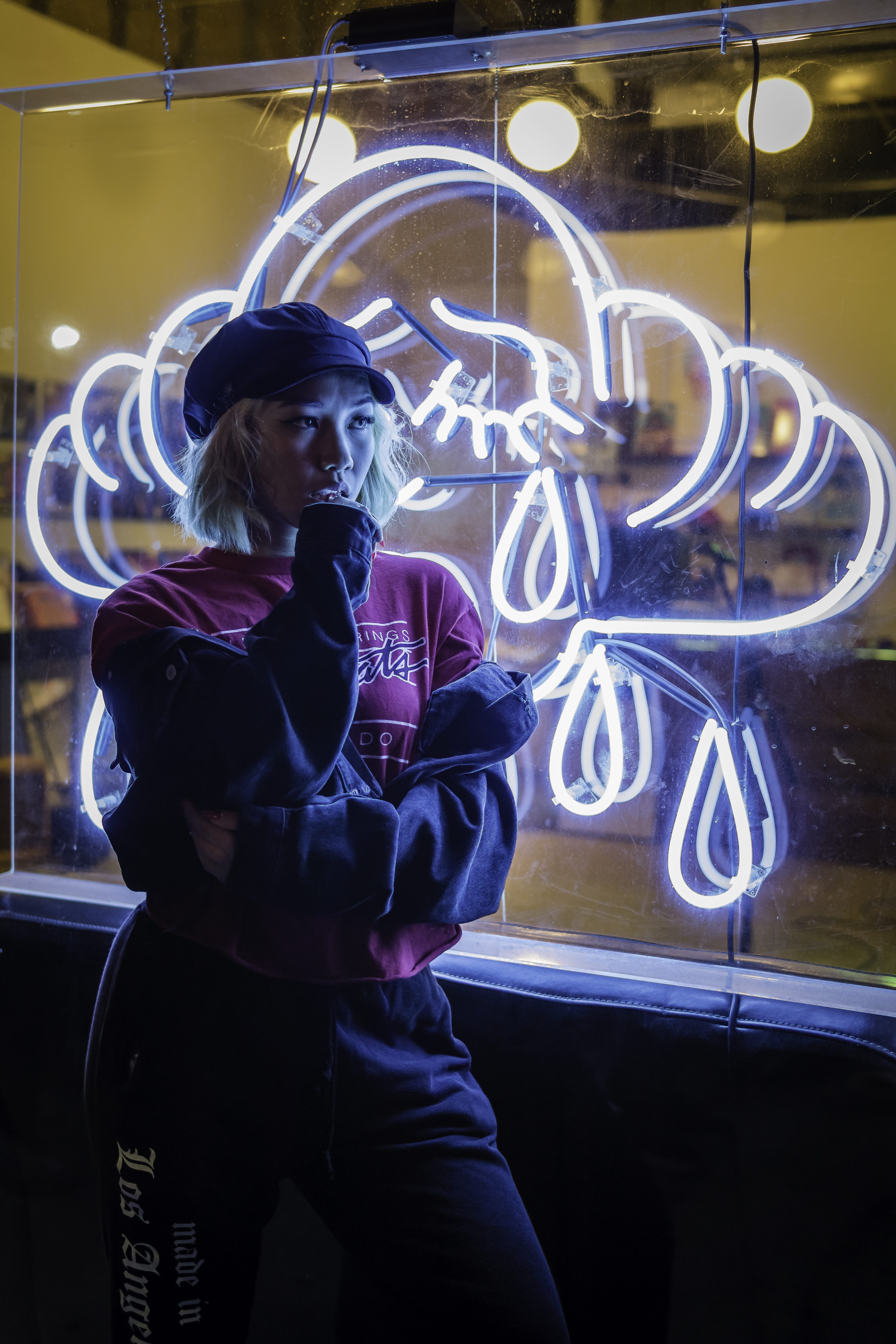 leisure activity, hat, women, wall, waist up, hairstyle, woman, three quarter length, 5K, glowing, illuminated, portrait, young adult, window, night, chin, Phone HD Wallpaper