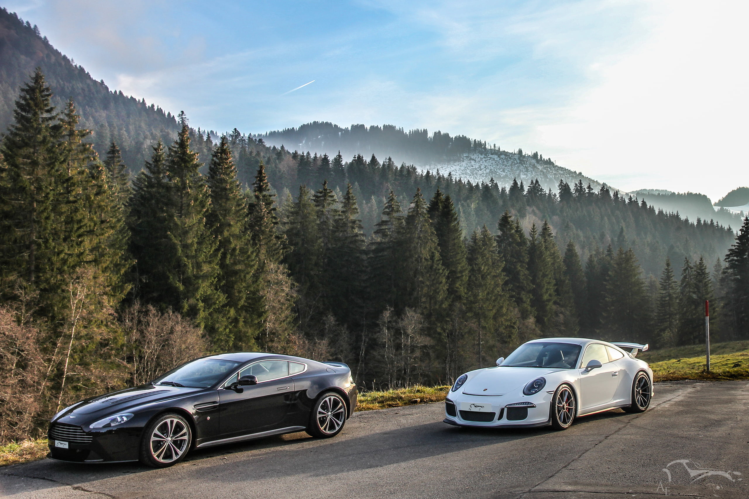 sports car, mountains, Porsche 911 GT3, two, land vehicle, black, road trip, day, plant, land, luxury, beauty in nature, Porsche, forest, scenics - nature, HD Wallpaper