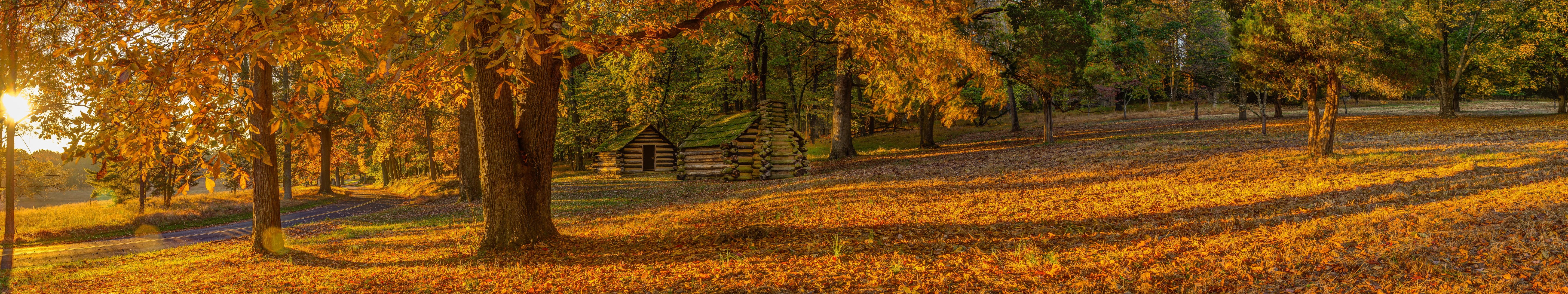 grass, Valley Forge, panorama, 5K, Pennsylvania, yellow, nature, Sun, park, seasons, fall, trees, hut, landscape, HD Wallpaper