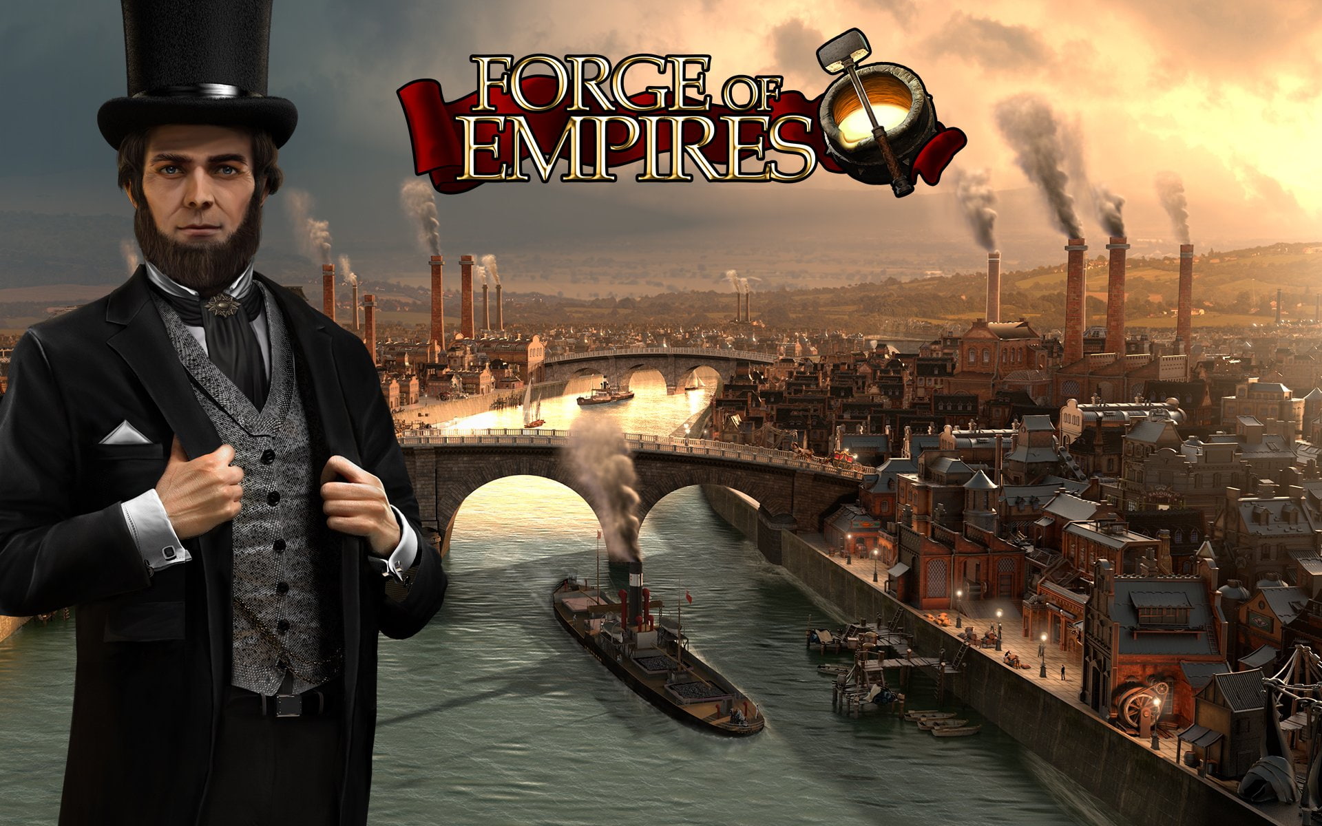 1080P, Water, Forge Of Empires, River, Man, Sunset, City, Industrial, Bridge, Ship, Video Game, HD Wallpaper
