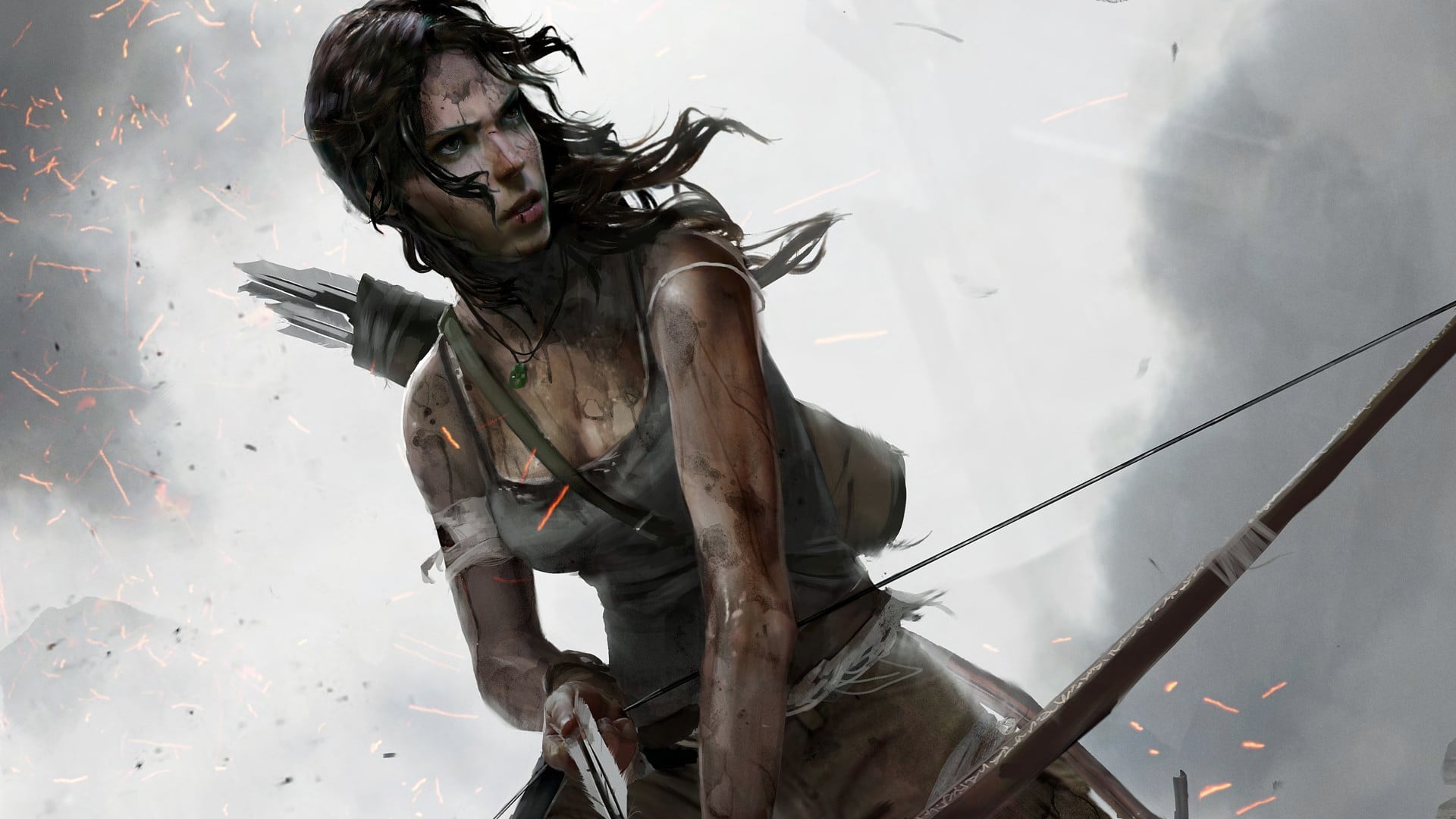 mid adult, holding, casual clothing, Rise of Tomb Raider, young adult, Lara Croft, three quarter length, one person, sitting, sky, front view, looking away, HD Wallpaper