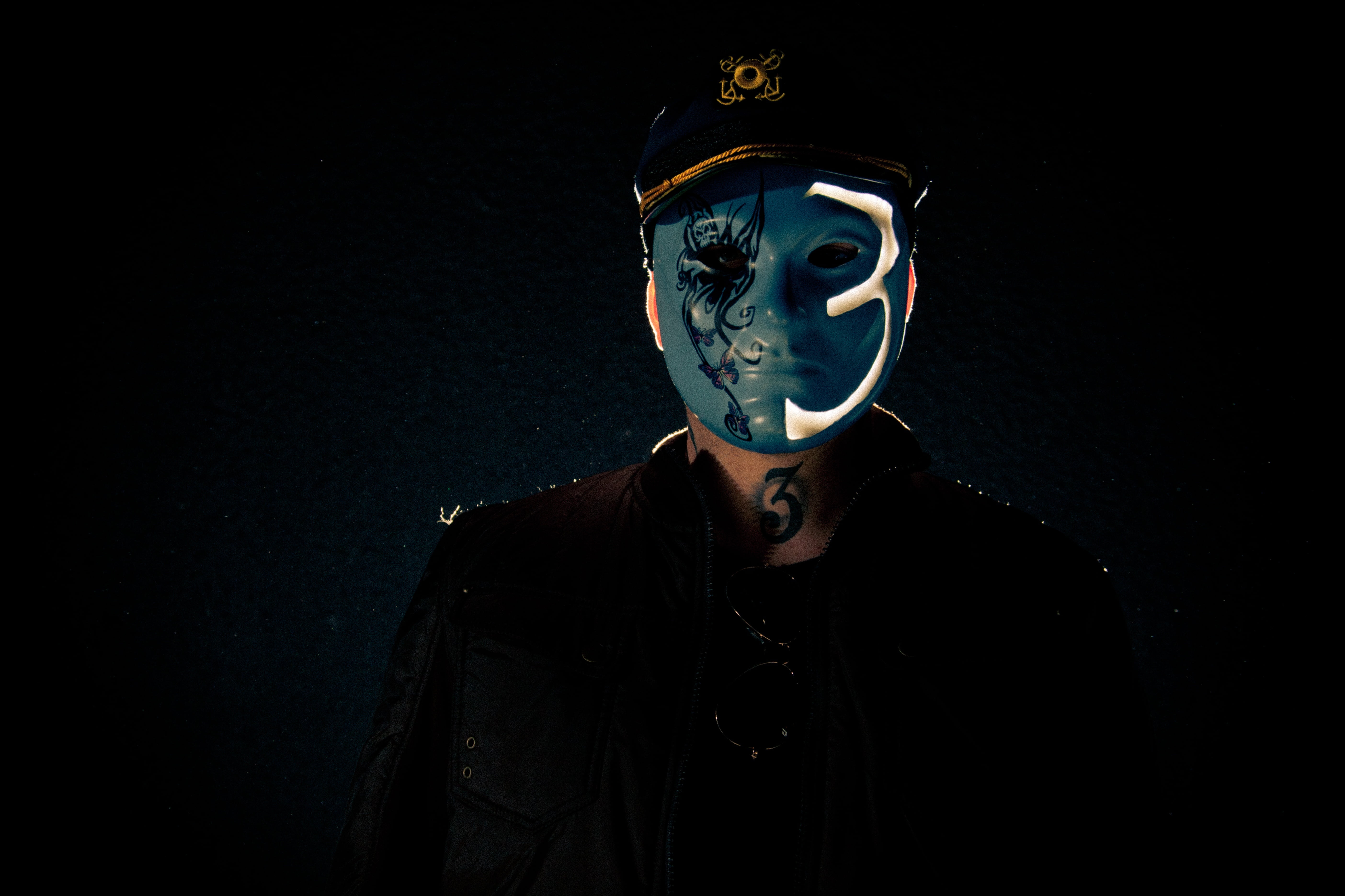 young men, men, looking at camera, black Background, spooky, caucasian Ethnicity, costume, Johnny 3 Tears, adult, bizarre, protective Mask - Workwear, mystery, HD Wallpaper