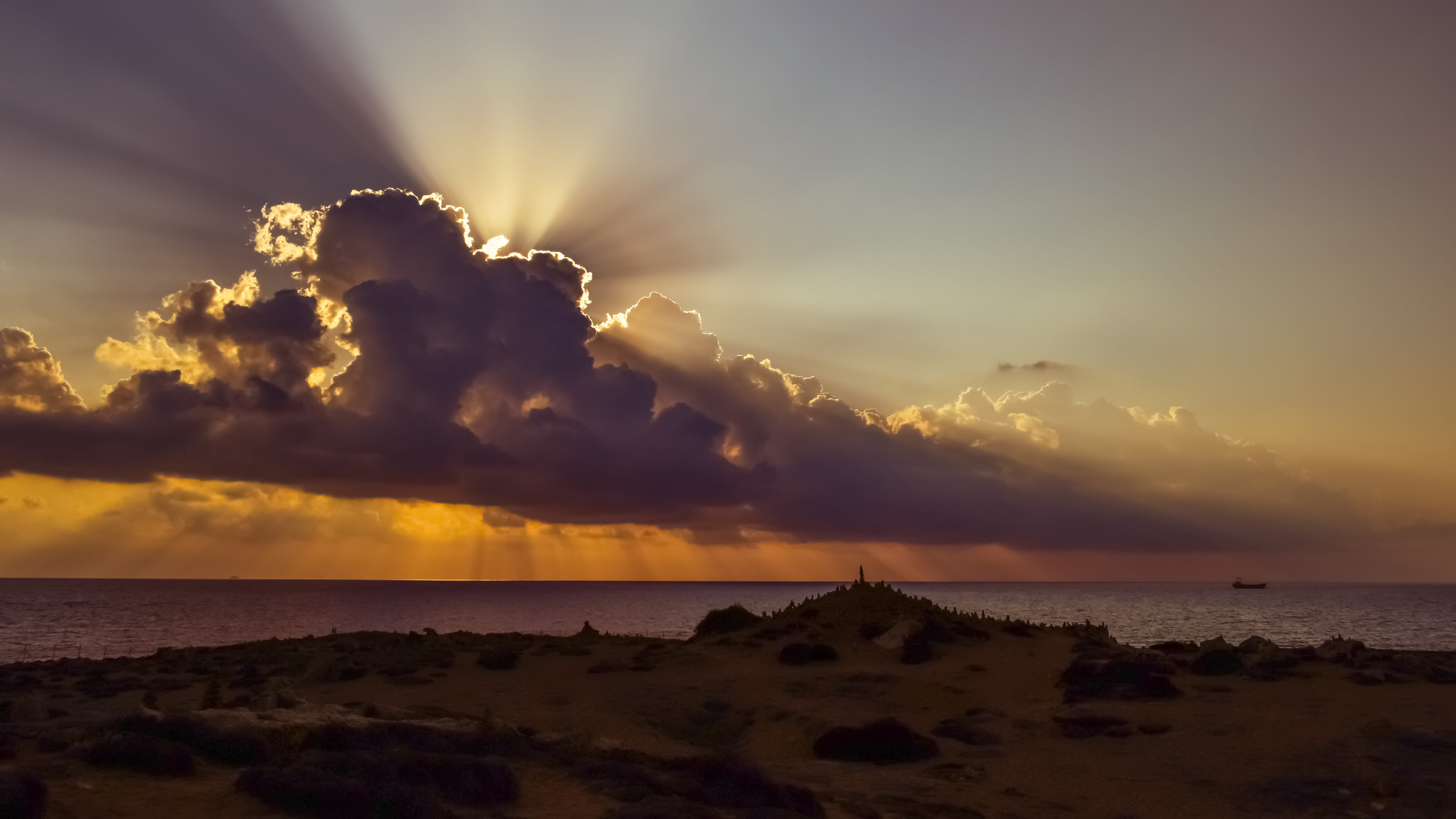 cloudscape, sea, dusk, dark, land, cloud - sky, tombs of the kings, beauty in nature, sunbeam, horizon over water, beach, cyprus, sky, tranquil scene, horizon, HD Wallpaper