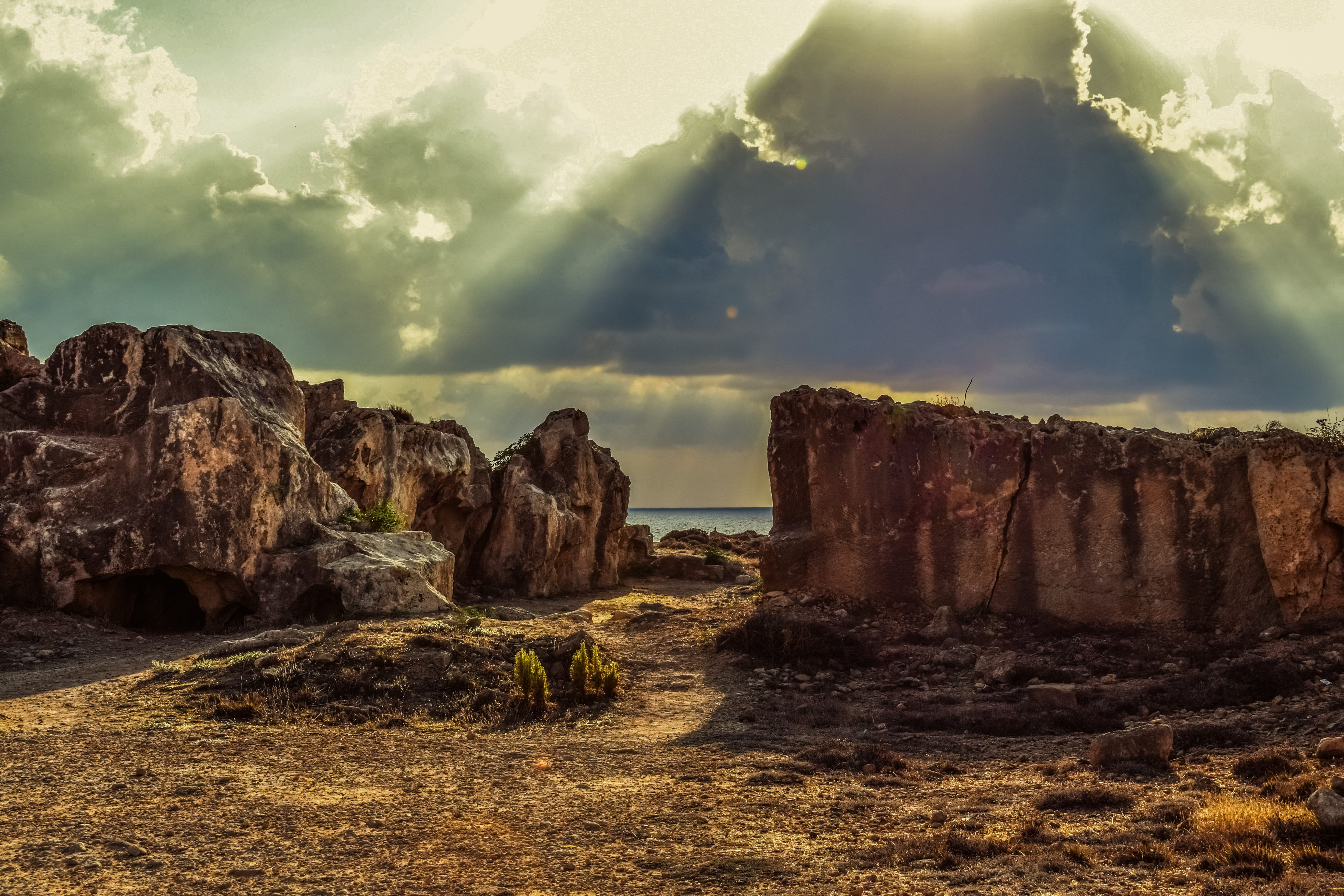 solid, travel destinations, tombs of the kings, clouds, physical geography, rock - object, climate, brown, eroded, near, tranquility, archaeology, ancient, HD Wallpaper