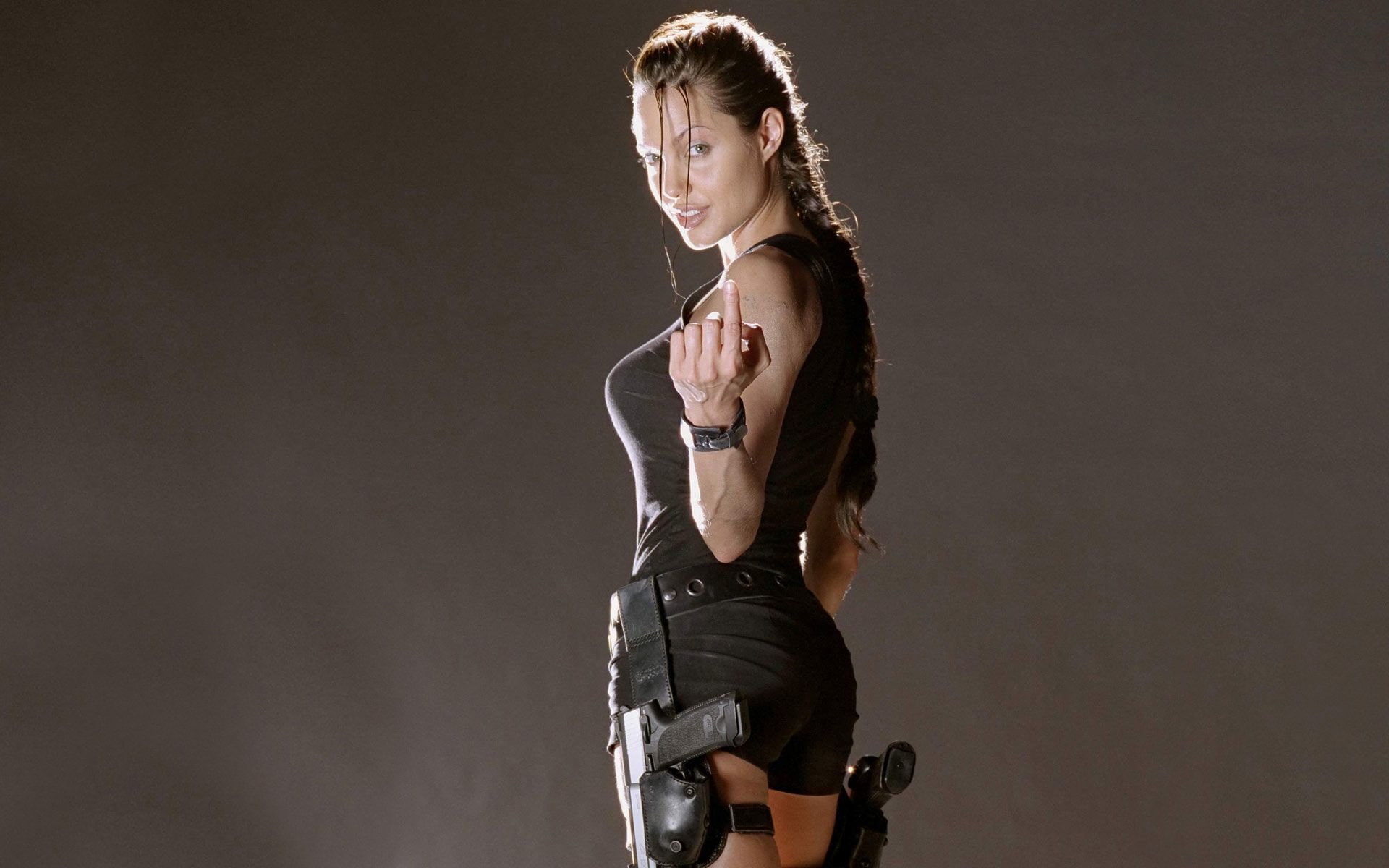 standing, studio shot, Tomb Raider, beauty, hair, young women, looking at camera, adult, portrait, gray background, brown hair, women, 1080P, one person, HD Wallpaper