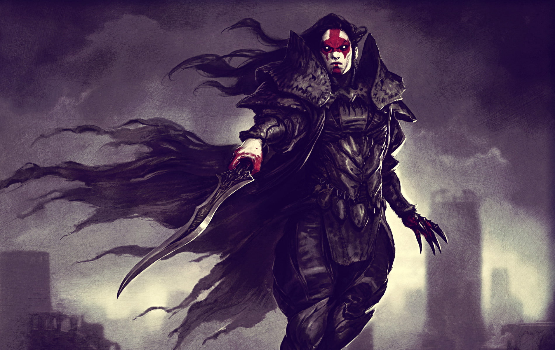 sword, outdoors, character, art and craft, clothing, fantasy, dark, Jason Chan, blood, black color, horror, cloud - sky, representation, halloween, HD Wallpaper