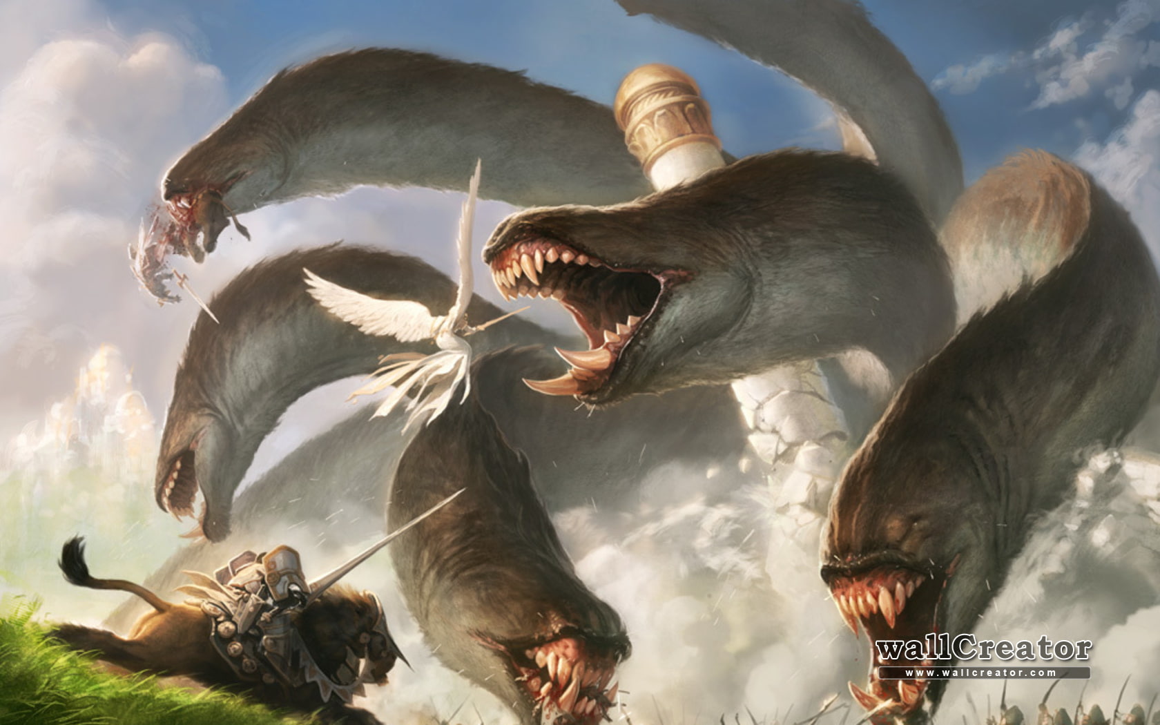 destruction, blood, 720P, gathering, monsters, chan, hydra, castles, jason, art, knights, fantasy, magic, HD Wallpaper