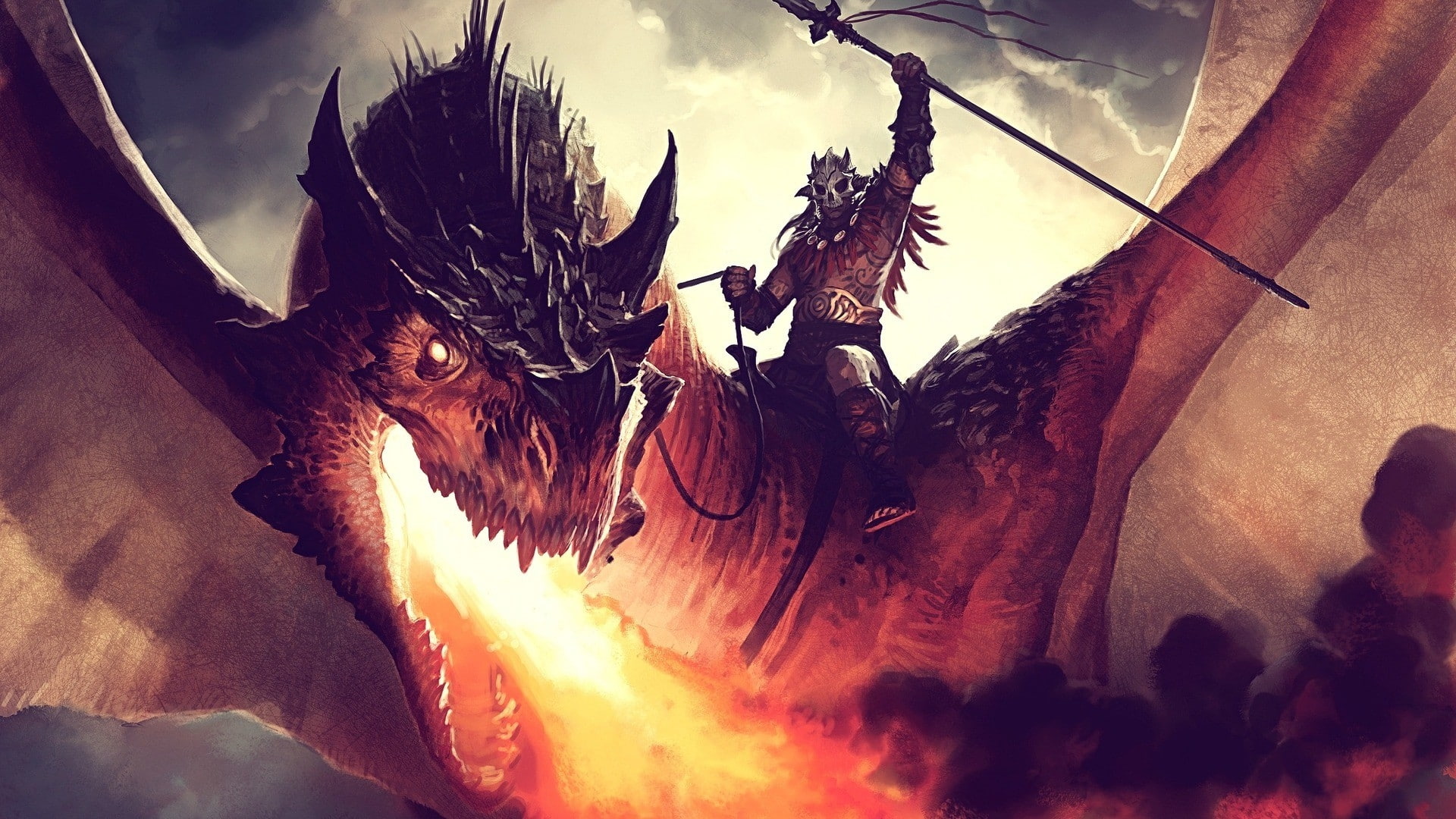 wings, art, 1080P, chan, artwork, gathering, Fire, magic: the gathering, dragonlord, dragons, jason, kargan, magic, hd, spears, HD Wallpaper