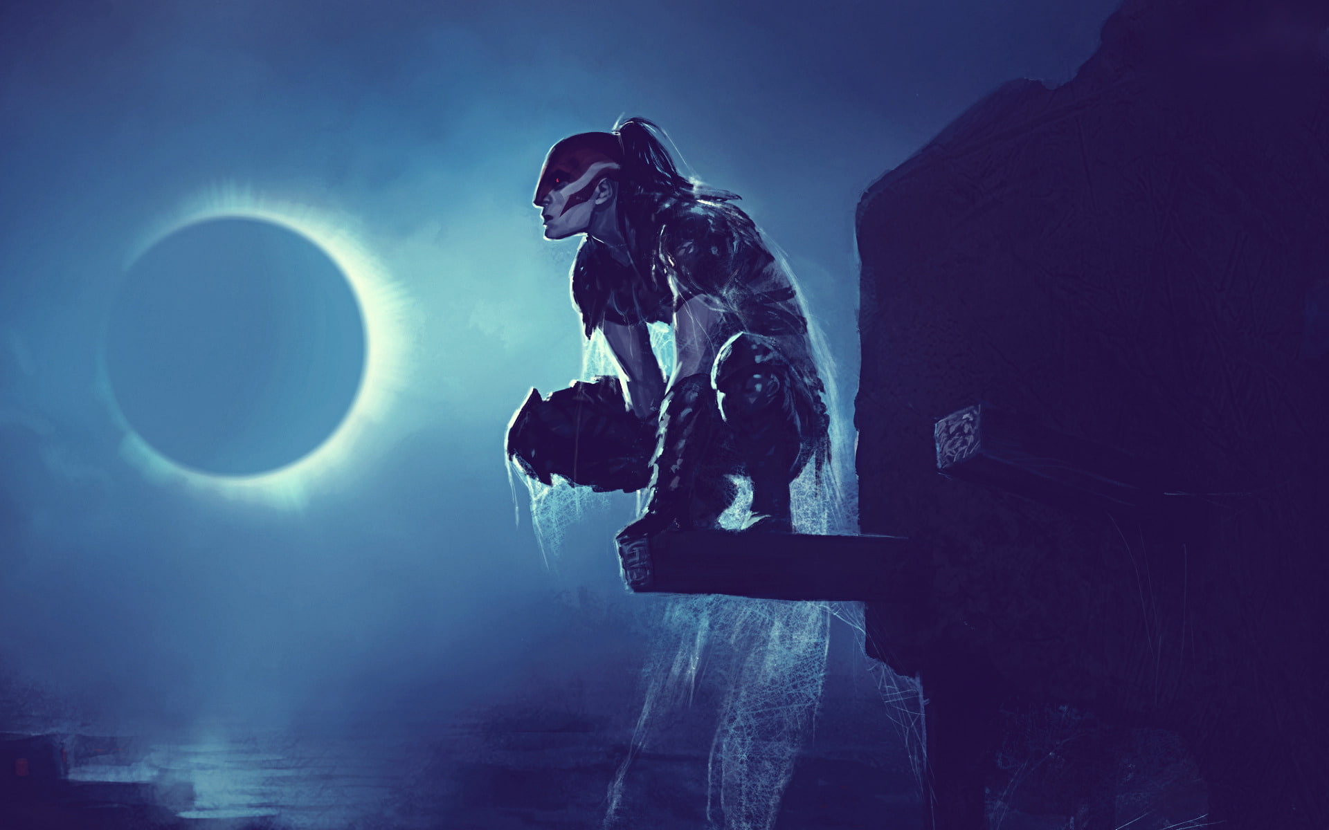 aggression, emotion, person, night, concrete, adventure, illuminated, moon, silhouette, surface, the moon, horror, squatting, crescent, rifle, nature, people, HD Wallpaper