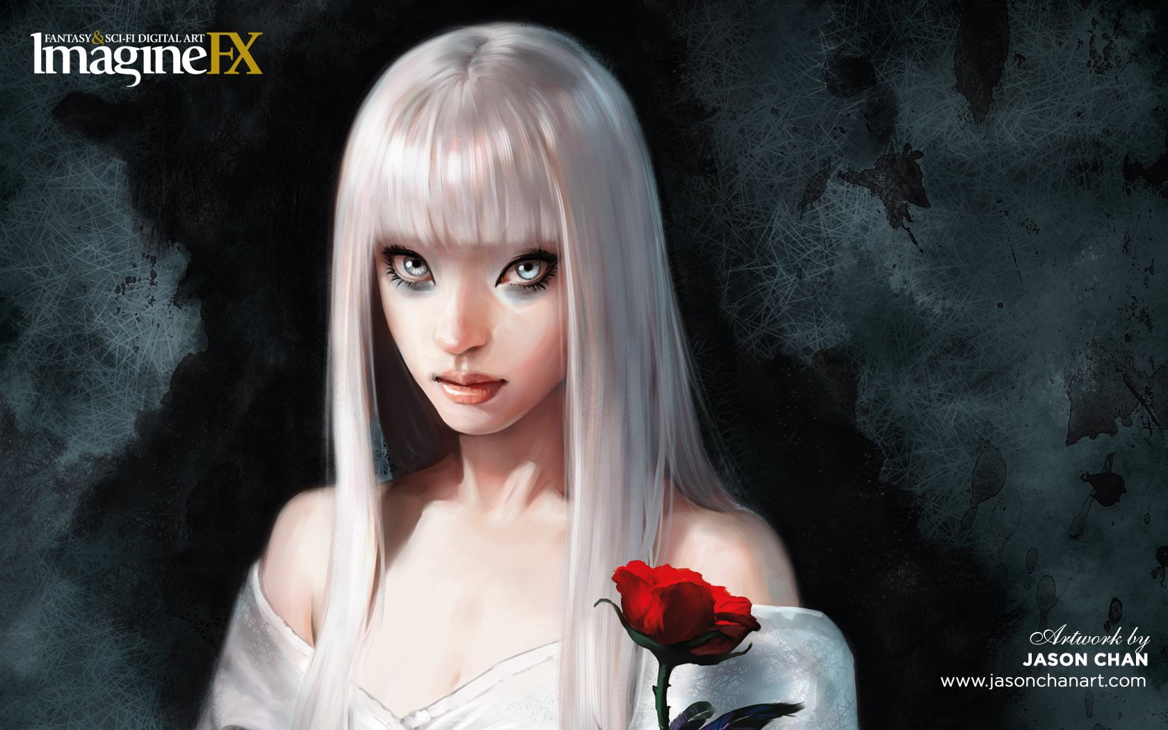 720P, bangs, jason, red, straight, hair, flowers, shoulders, bare, chan, eyes, imagine, roses, artwork, blue, white, HD Wallpaper