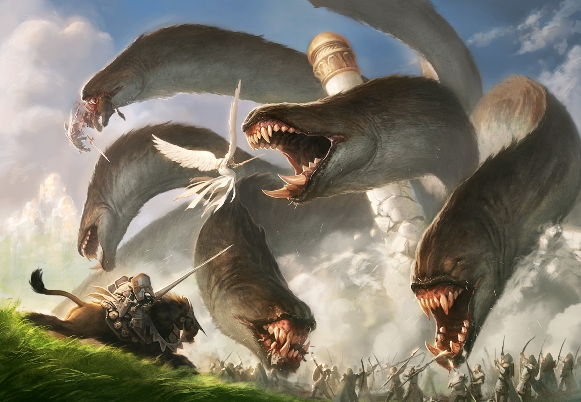 mouth open, grass, animal themes, animal wildlife, bow, sword, bird, tower, horse, Hydra, cloud - sky, angel, art and craft, representation, digital, battle, HD Wallpaper