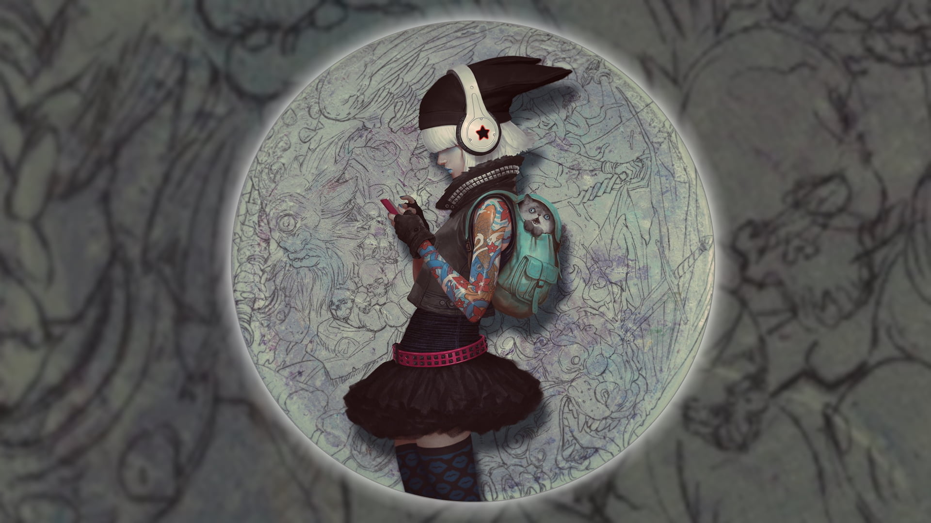 Jason Chan, short hair, 1080P, smartphone, artwork, illustration, digital art, white hair, tattoo, concept art, skirt, backpacks, jacket, headsets, cats, HD Wallpaper