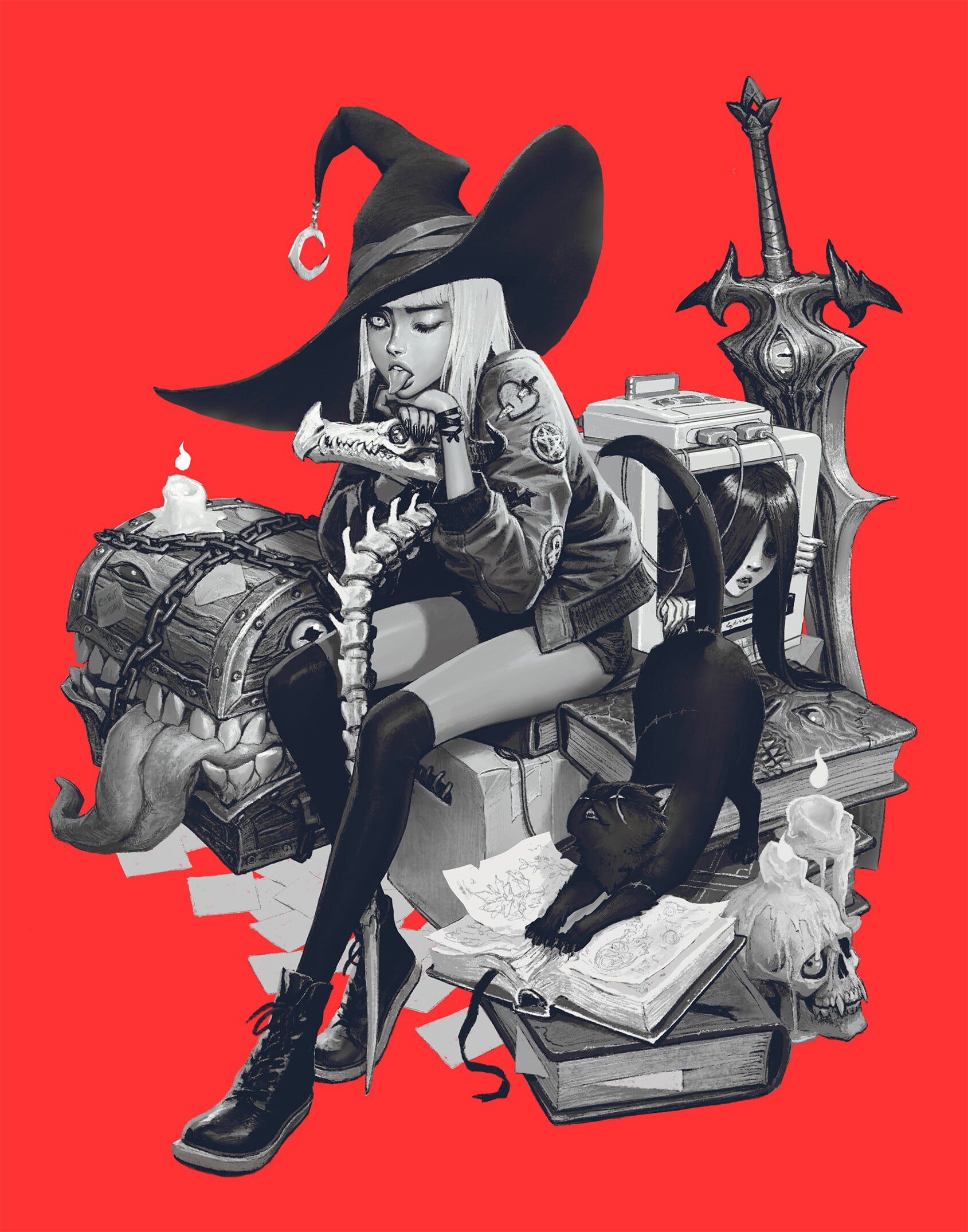 fantasy girl, magic, fantasy art, Jason Chan, 1080P, illustration, cats, witch, skull, Phone HD Wallpaper