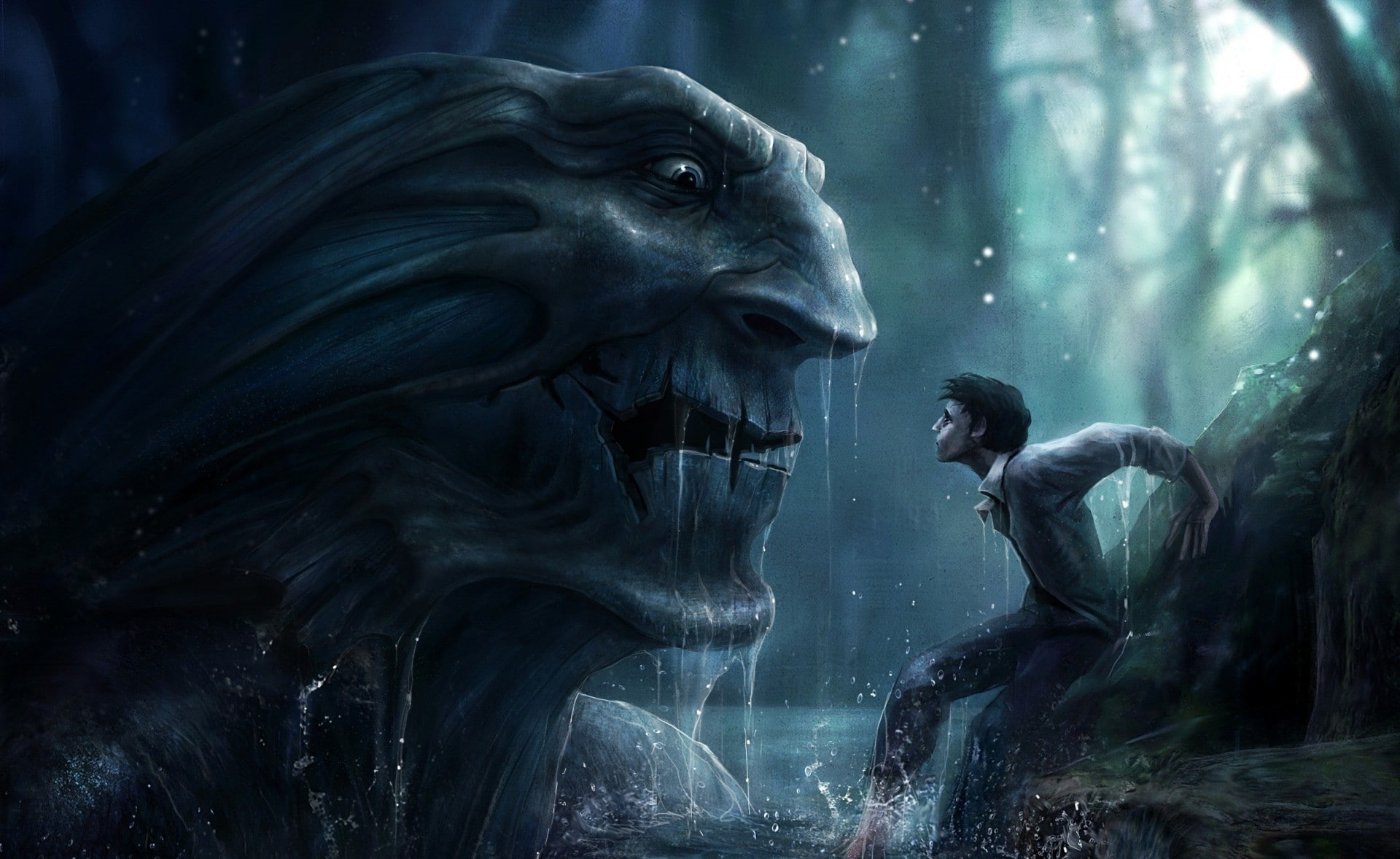 art, danger, 1080P, fantasy art, man, fantasy, creature, fear, HD Wallpaper