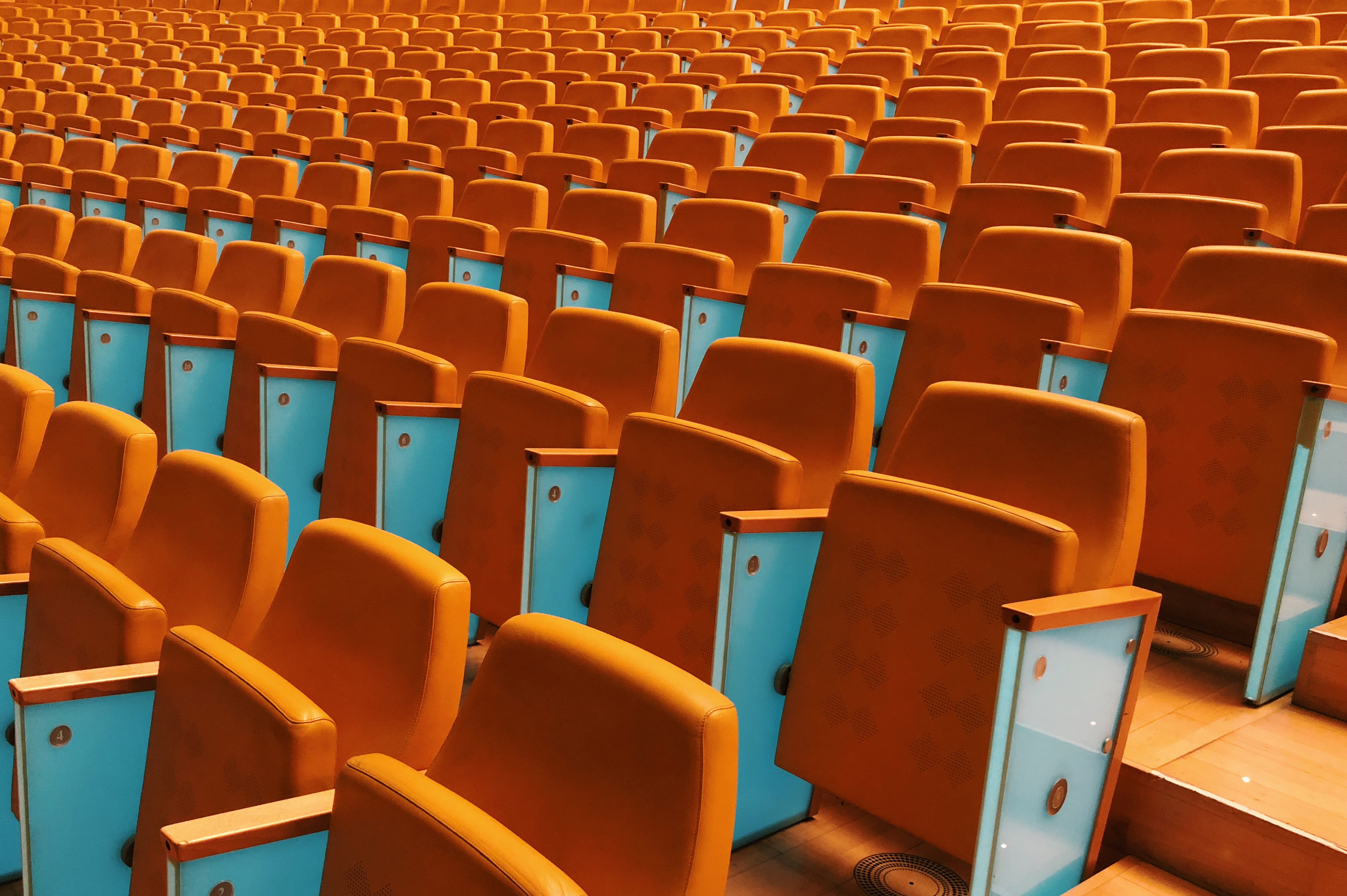 sport, movie theater, stadium, backgrounds, full frame, large group of objects, chairs empty concert show theatre orange blue valencium, repetition, orange color, HD Wallpaper