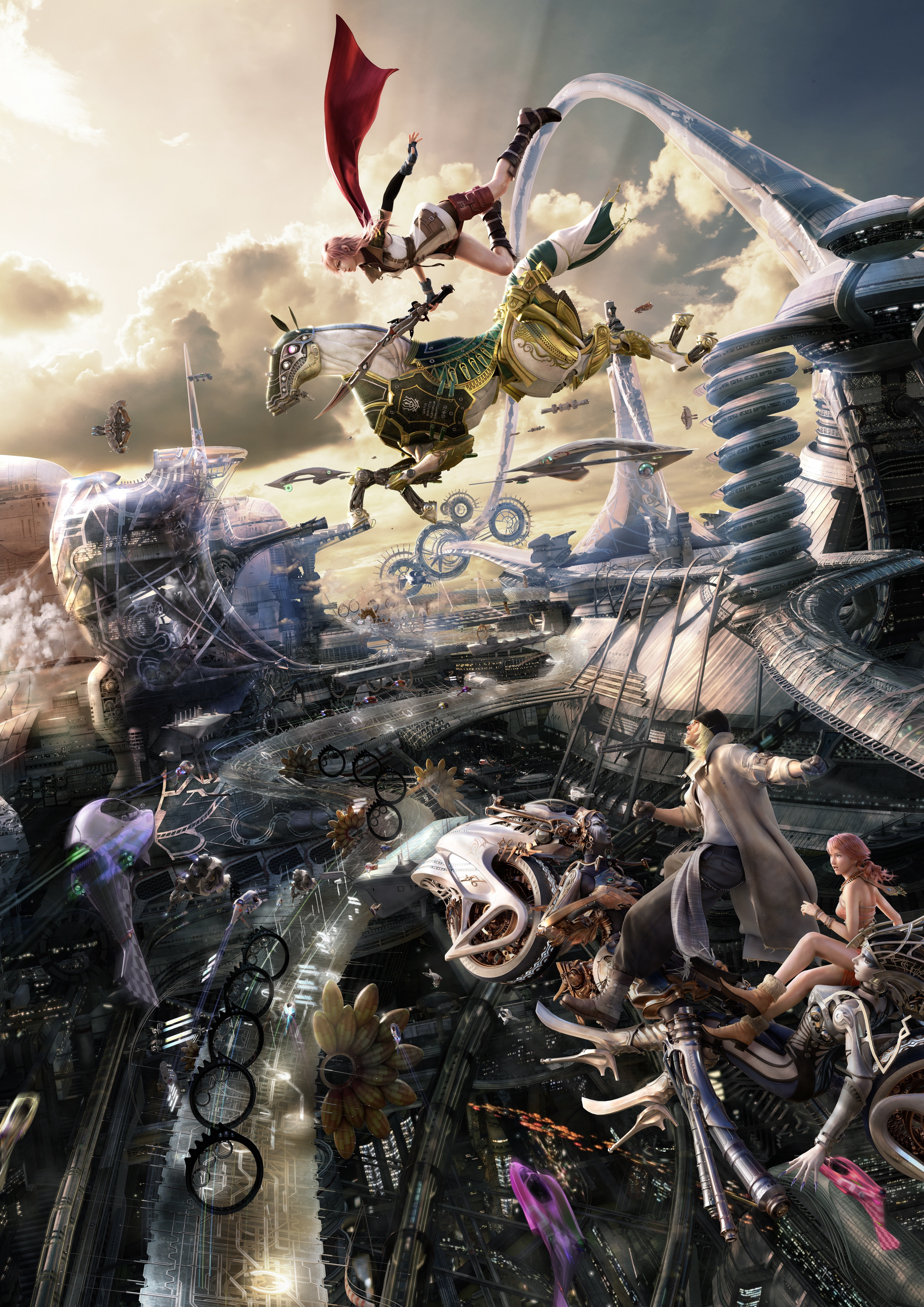 Claire Farron, spaceship, horse, Eidolon, Final Fantasy XIII, cityscape, video games, 5K, Oerba Dia Vanille, Snow Villiers, Phone HD Wallpaper