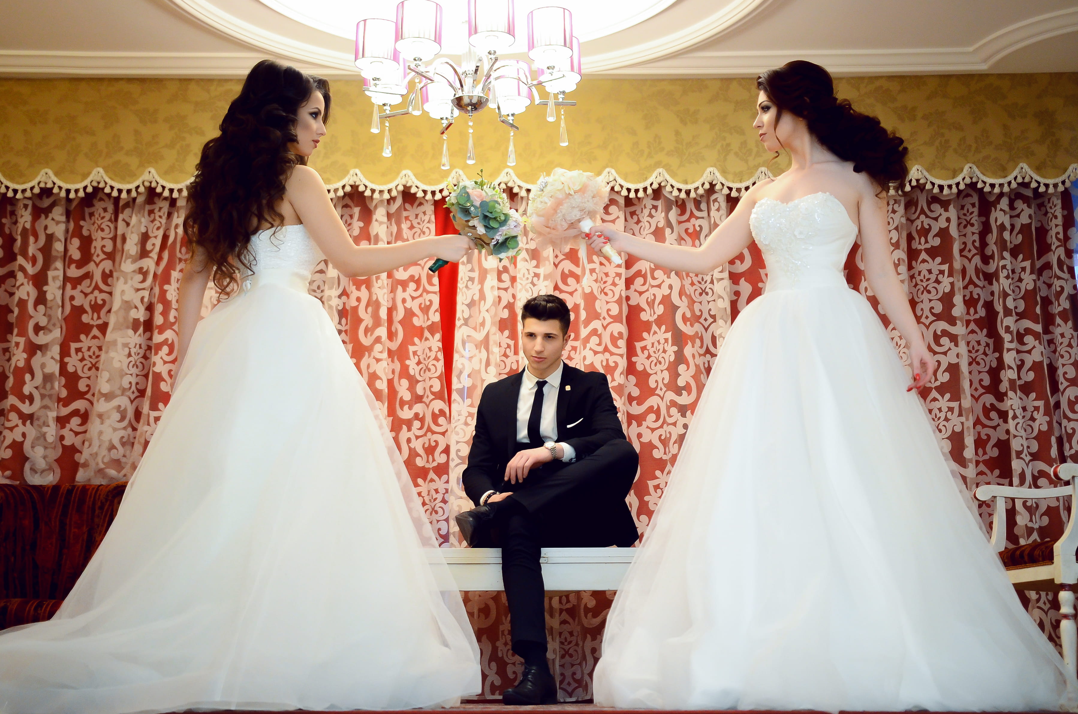 wedding dress, wearing, women, indoors, formalwear, fight, couple - relationship, love, bride, fashion, positive emotion, togetherness, white, clothing, HD Wallpaper