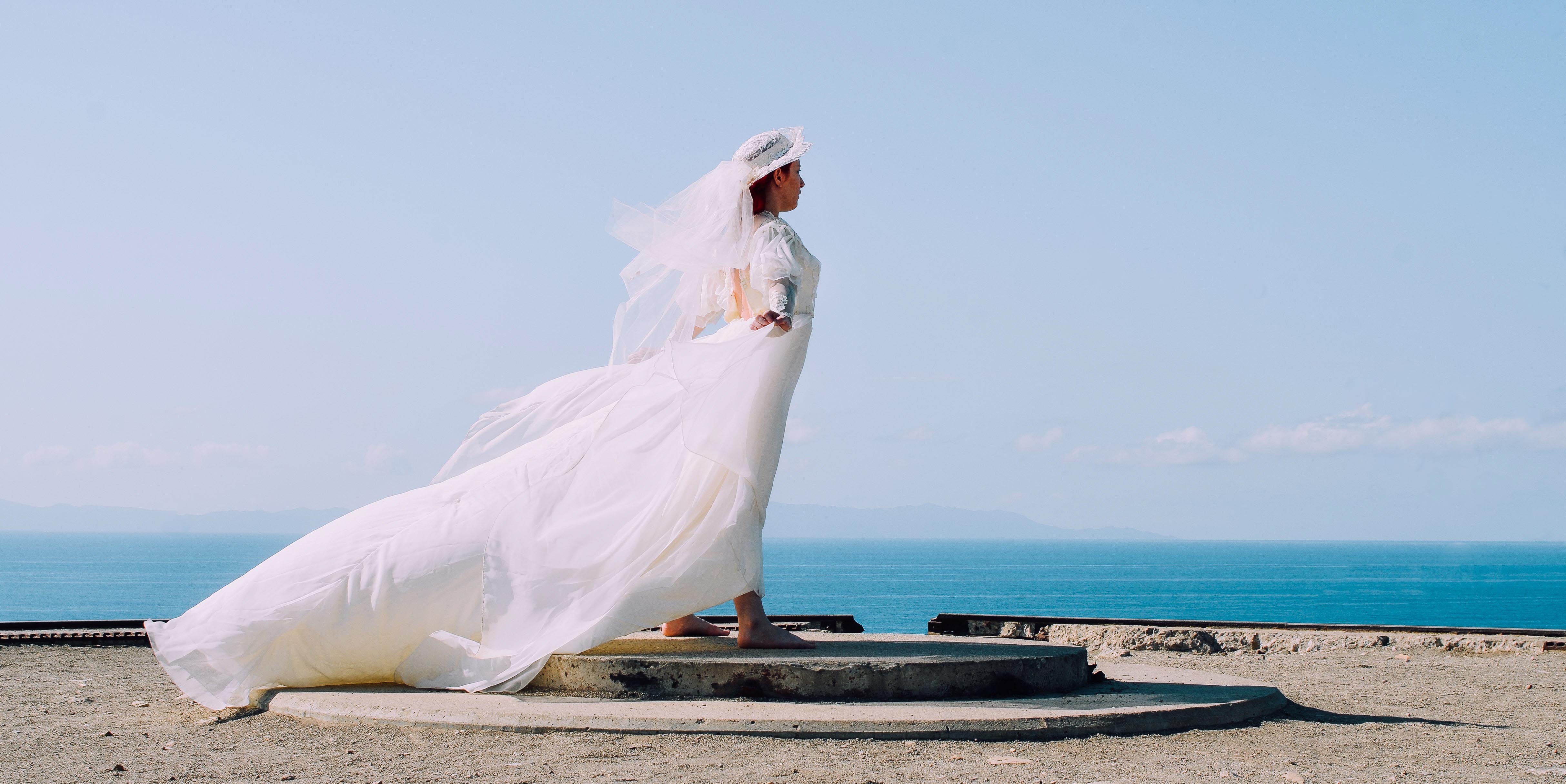 married, young adult, outdoors, bridegroom, one person, water, women, nature, wife, female, bridal, white, wedding dress, sky, people, gown, veil, 4K, HD Wallpaper